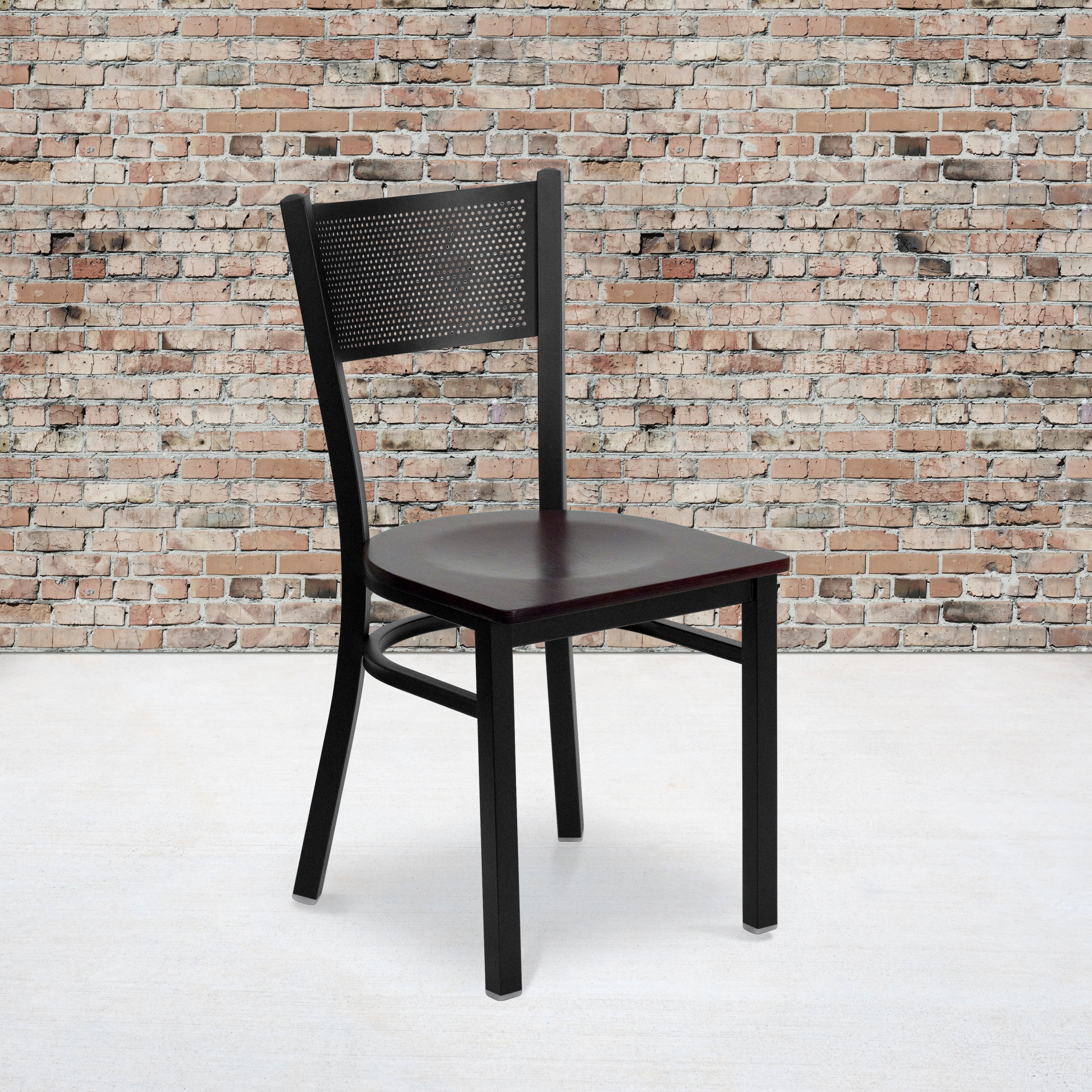 HERCULES Series Black Grid Back Metal Restaurant Chair - Mahogany Wood Seat