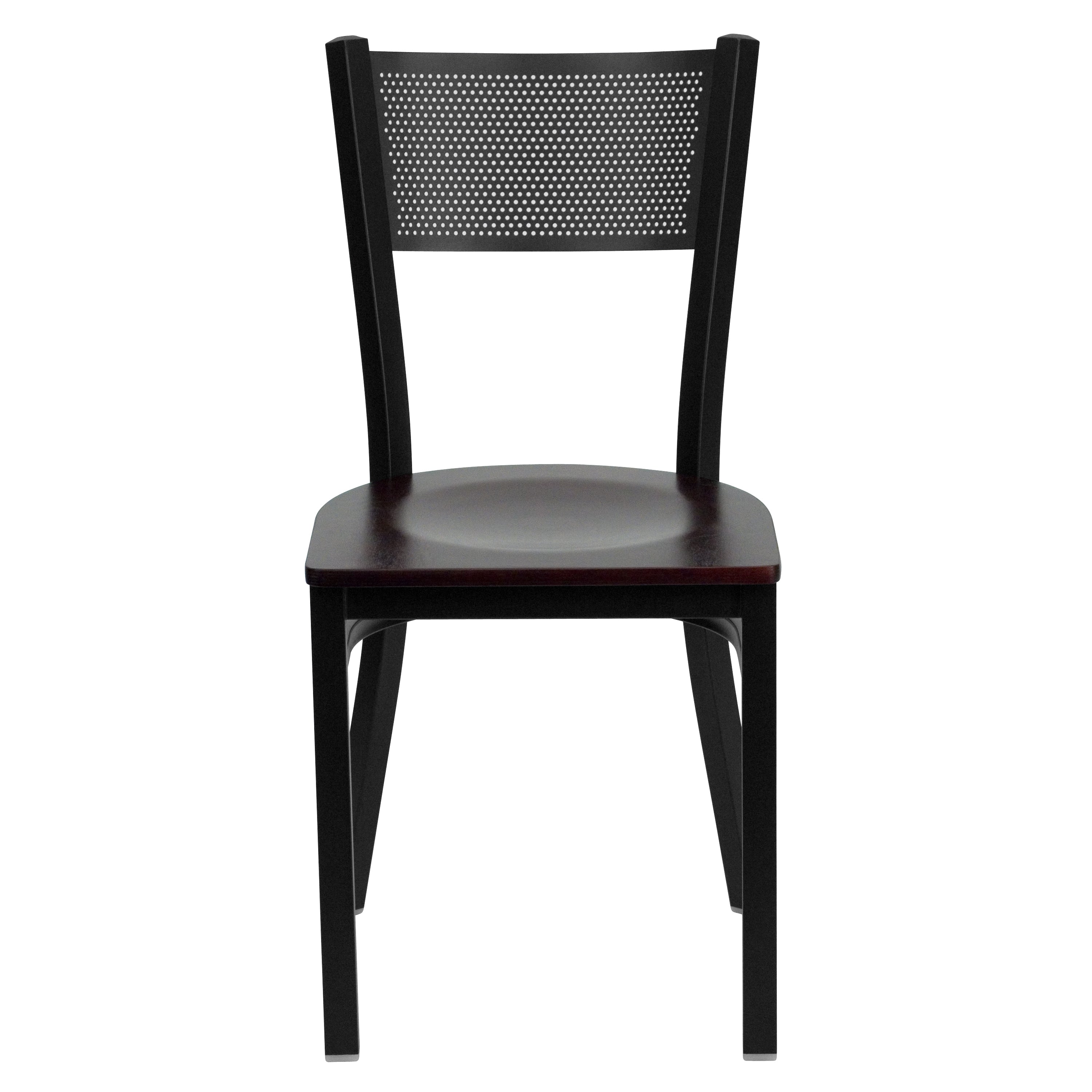HERCULES Series Black Grid Back Metal Restaurant Chair - Mahogany Wood Seat