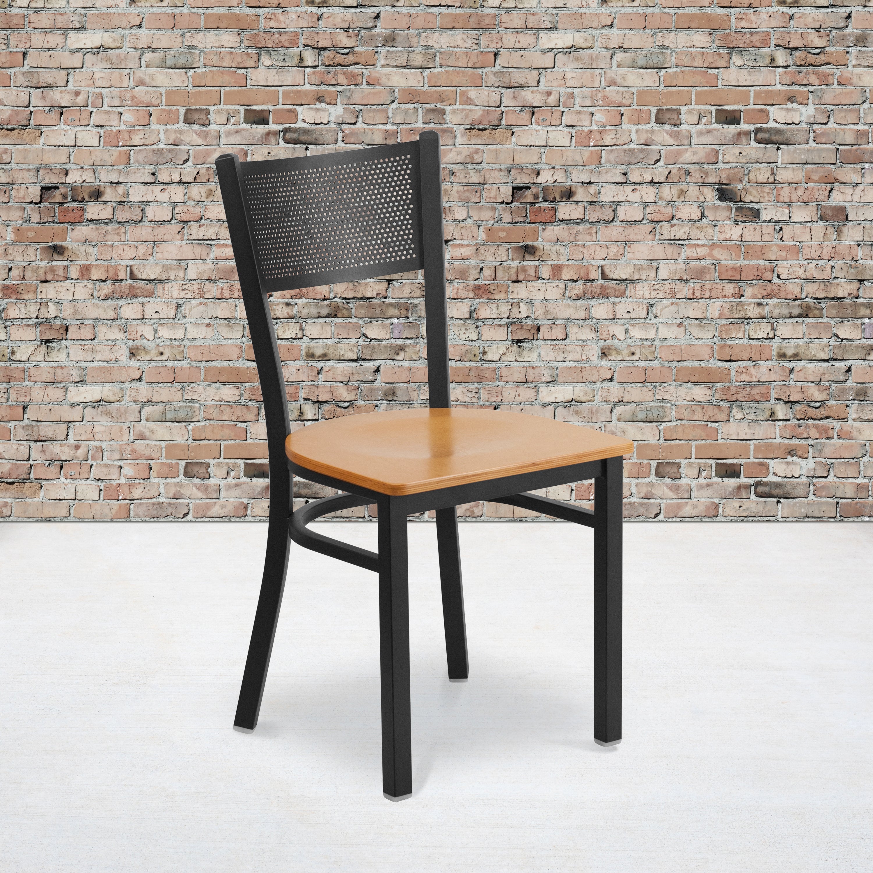 HERCULES Series Black Grid Back Metal Restaurant Chair - Natural Wood Seat