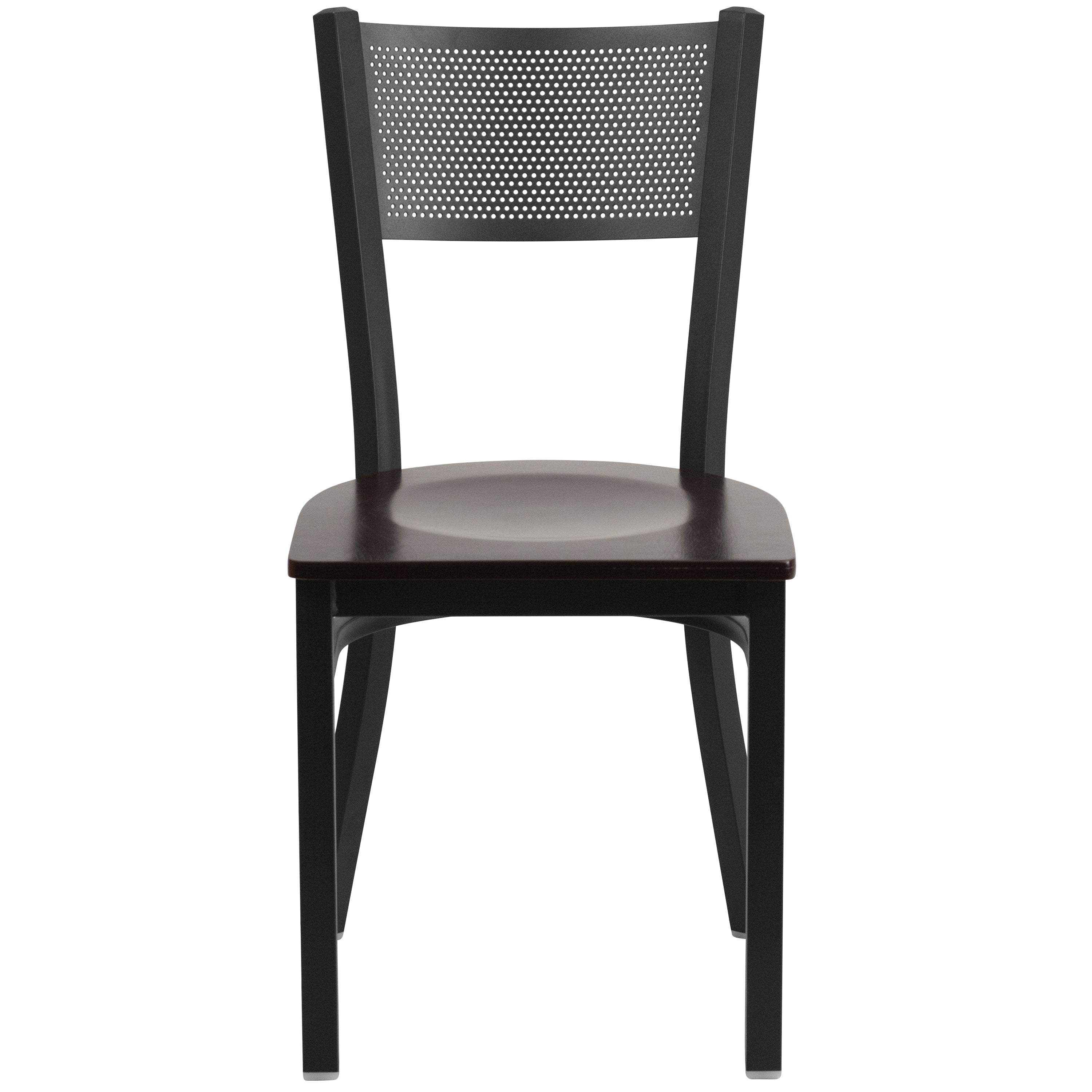 HERCULES Series Black Grid Back Metal Restaurant Chair - Walnut Wood Seat