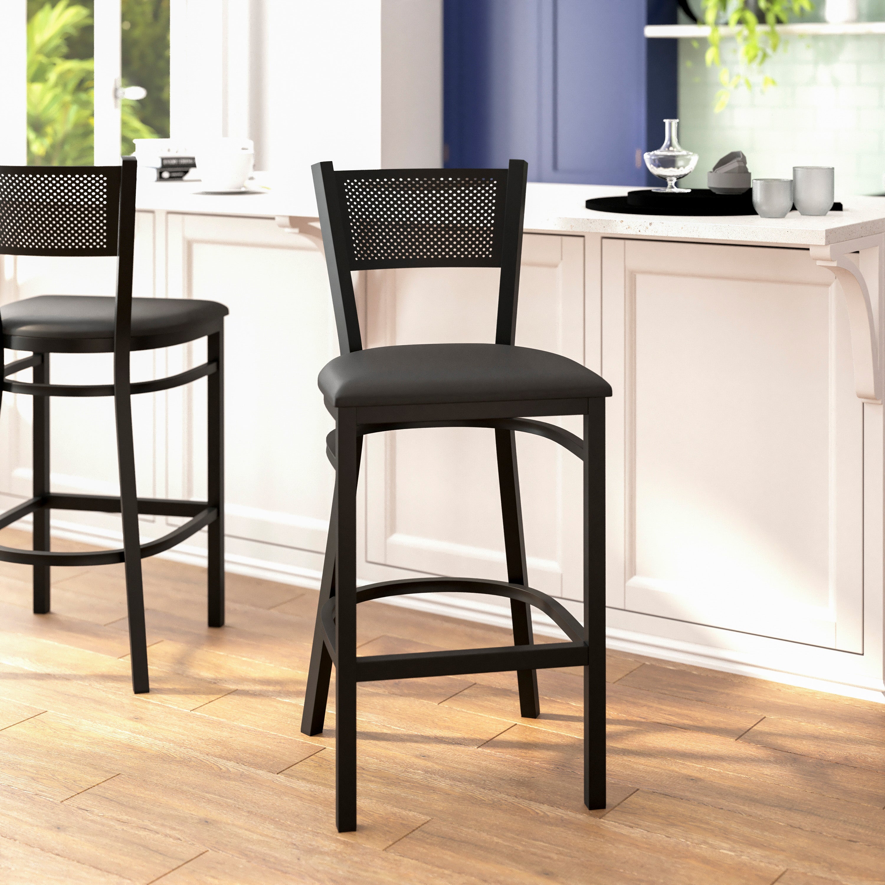 HERCULES Series Black Grid Back Metal Restaurant Barstool - Black Vinyl Seat