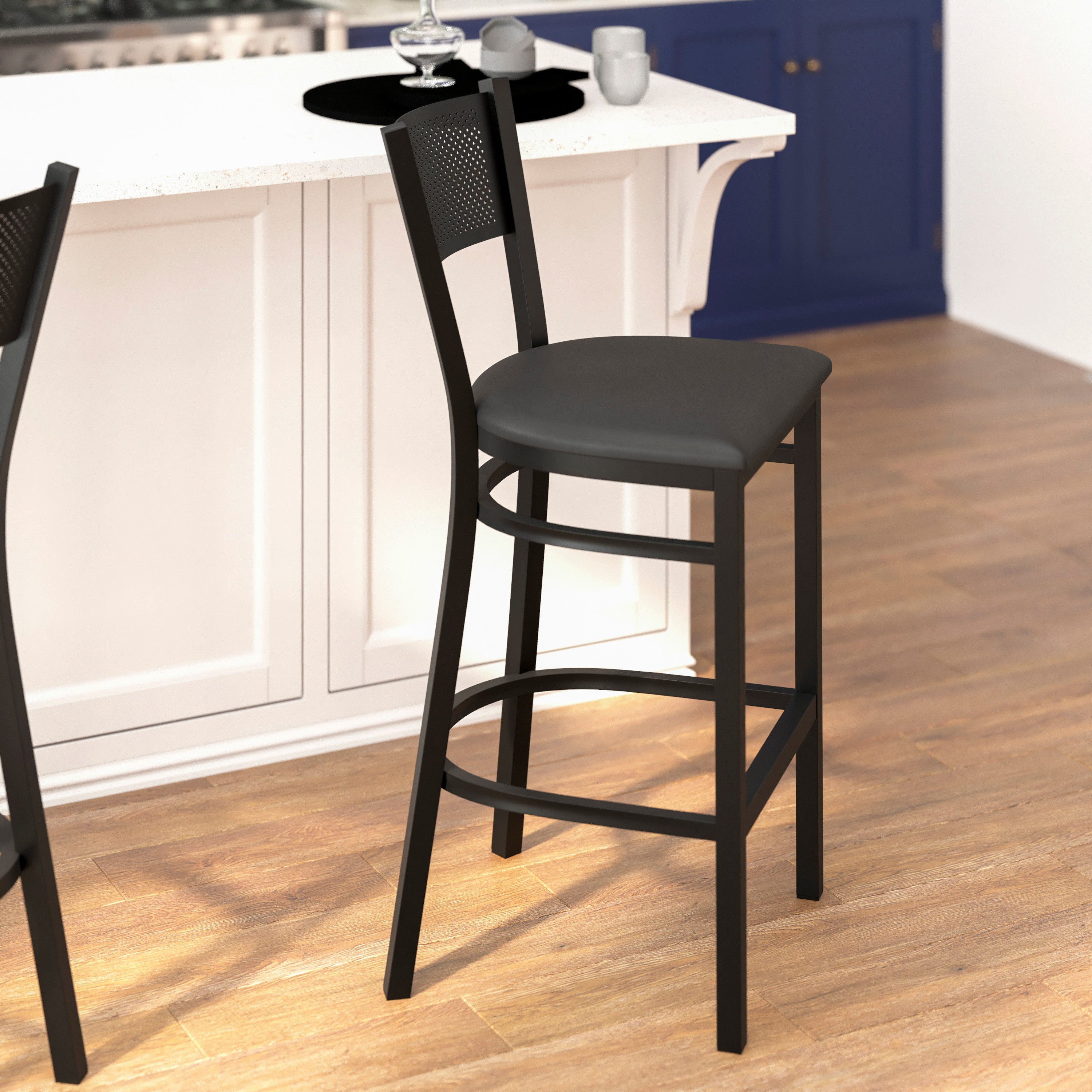 HERCULES Series Black Grid Back Metal Restaurant Barstool - Black Vinyl Seat