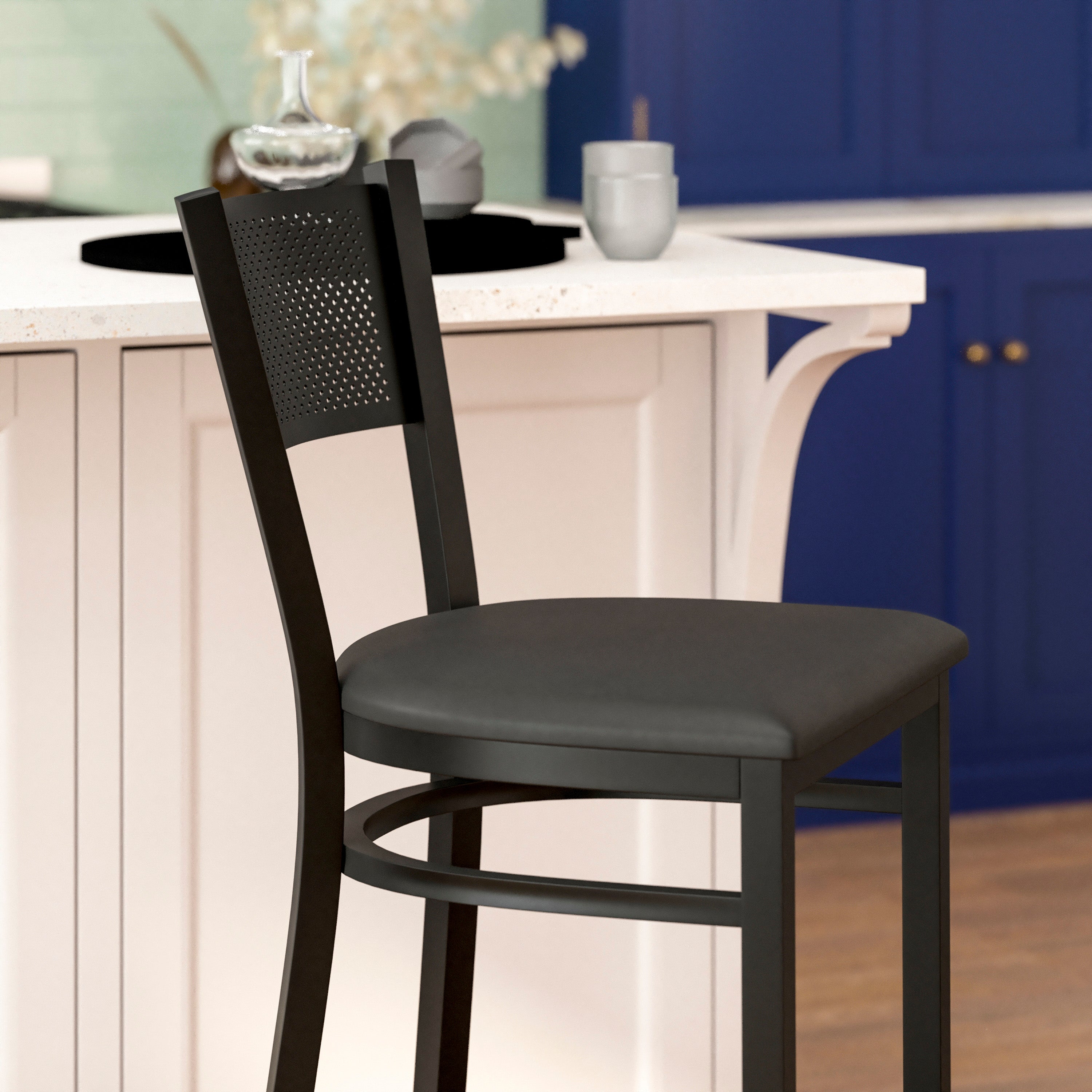 HERCULES Series Black Grid Back Metal Restaurant Barstool - Black Vinyl Seat