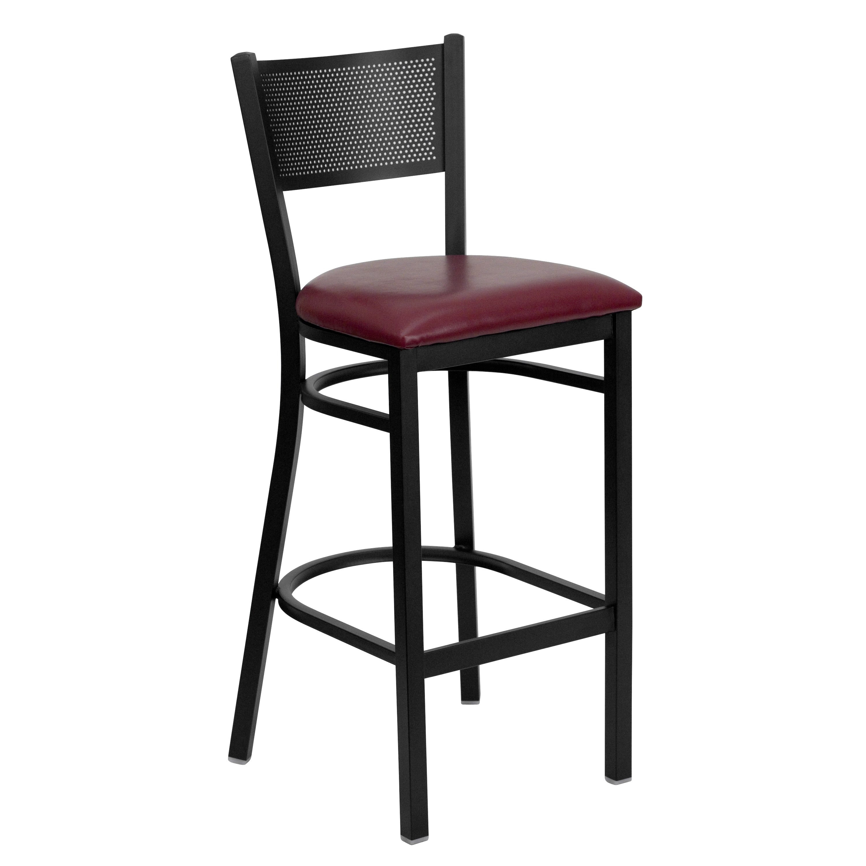 HERCULES Series Black Grid Back Metal Restaurant Barstool - Burgundy Vinyl Seat