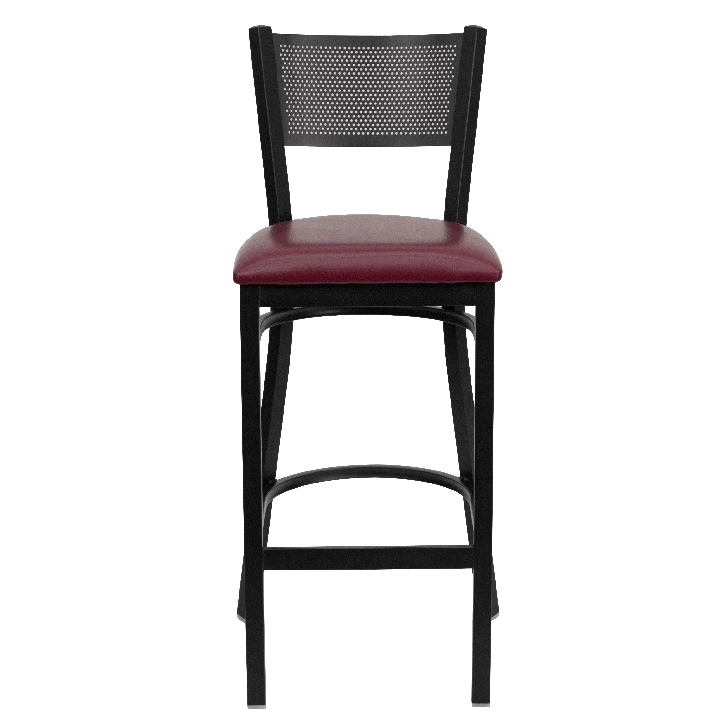 HERCULES Series Black Grid Back Metal Restaurant Barstool - Burgundy Vinyl Seat