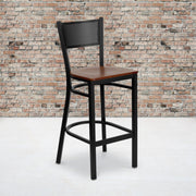 HERCULES Series Black Grid Back Metal Restaurant Barstool - Cherry Wood Seat