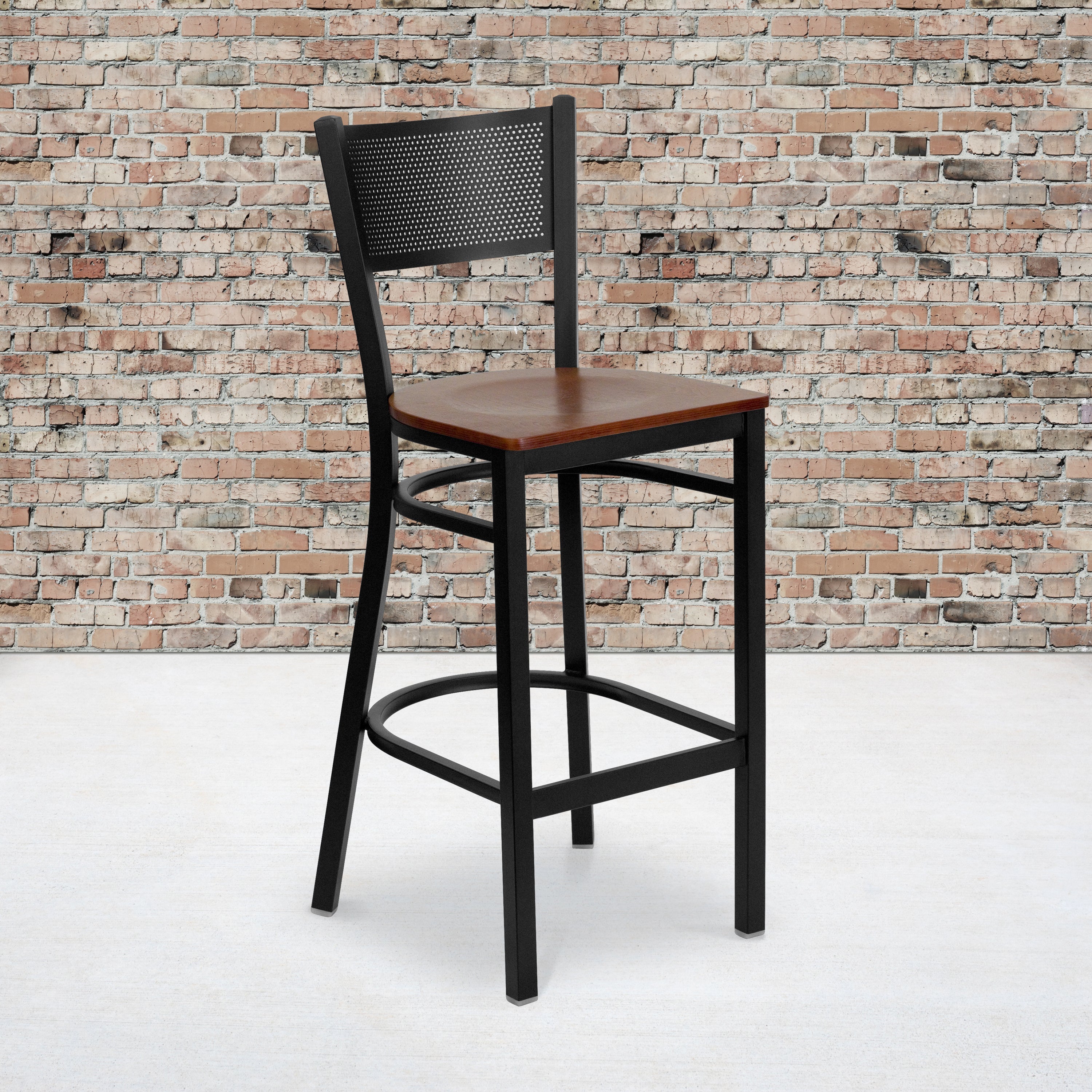 HERCULES Series Black Grid Back Metal Restaurant Barstool - Cherry Wood Seat