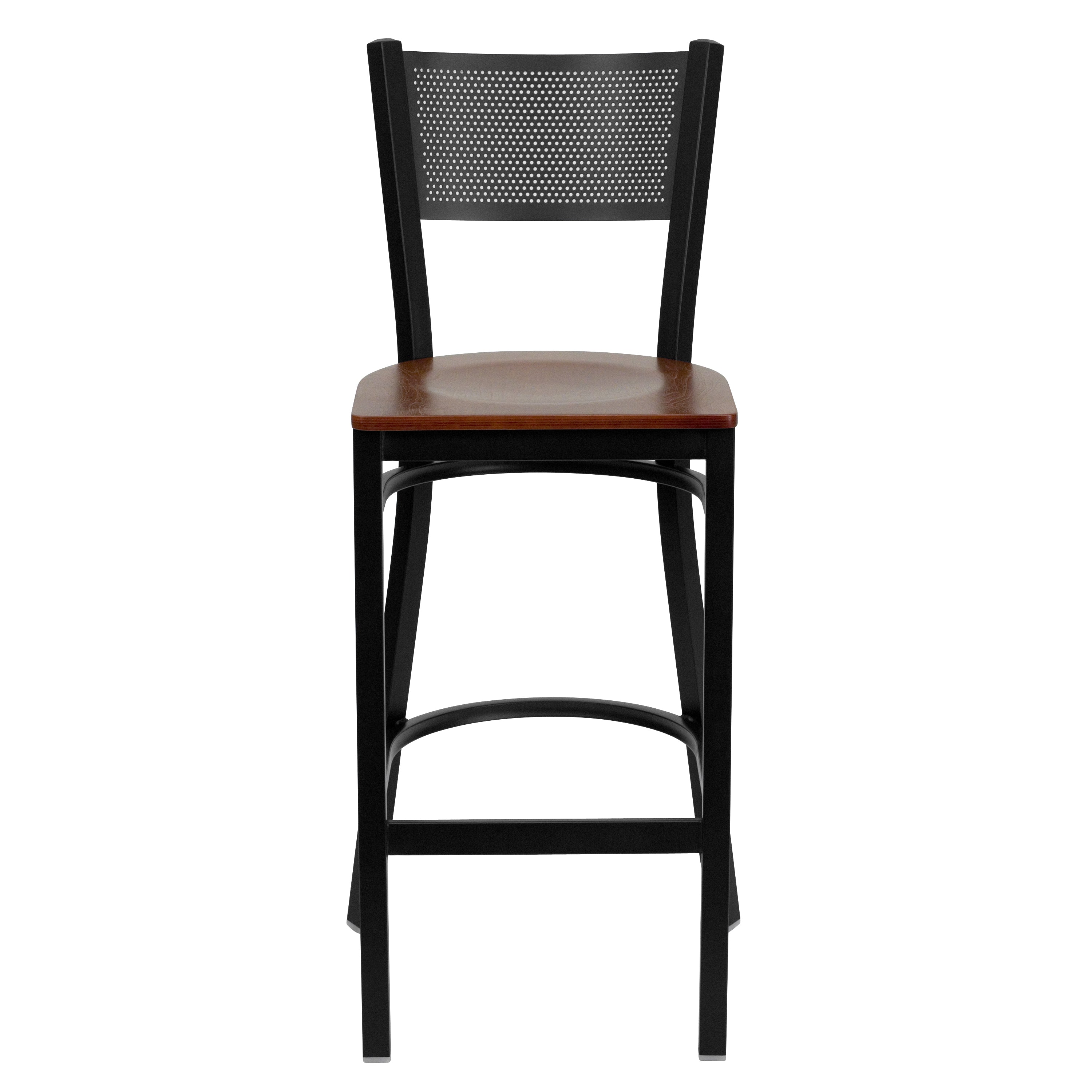 HERCULES Series Black Grid Back Metal Restaurant Barstool - Cherry Wood Seat