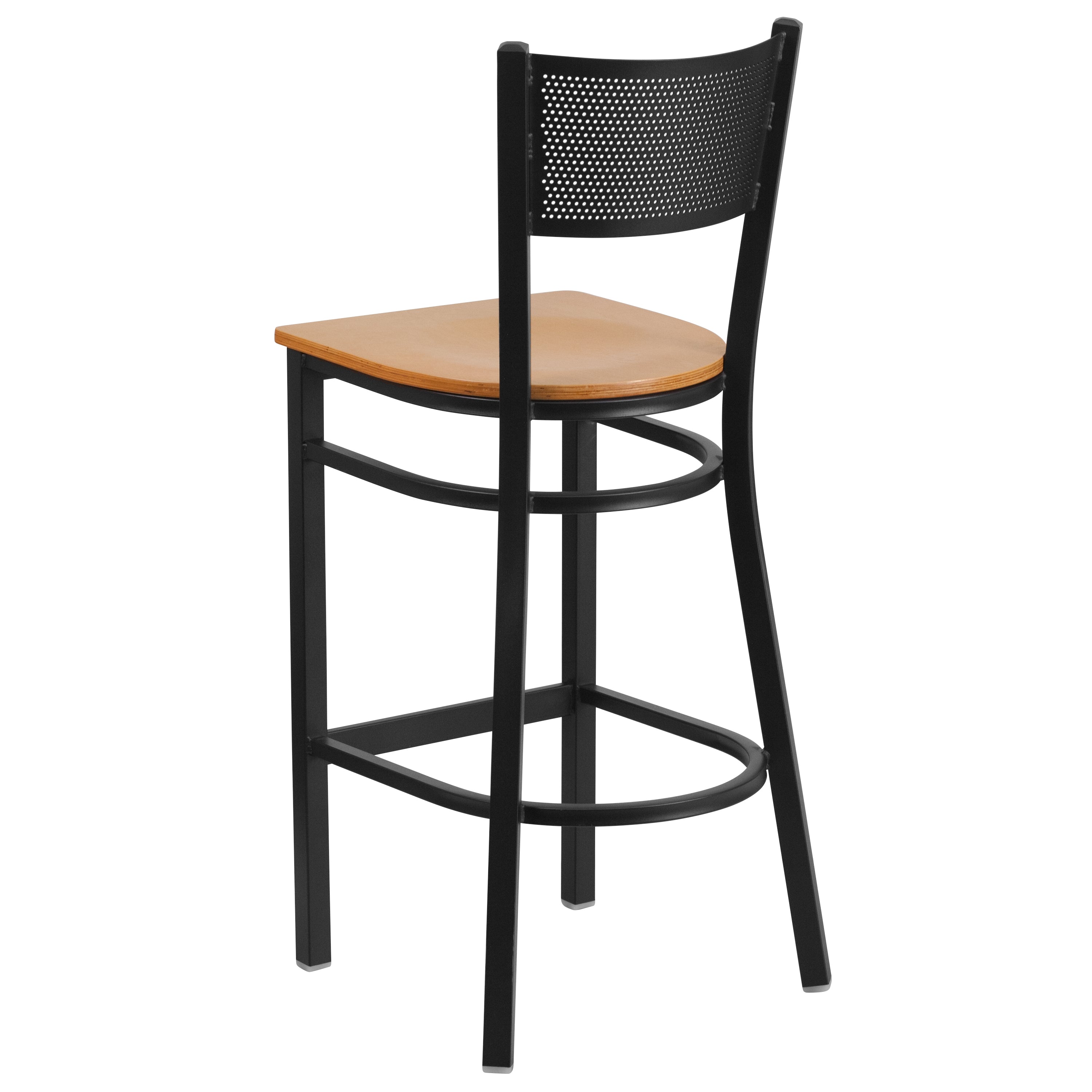 HERCULES Series Black Grid Back Metal Restaurant Barstool - Natural Wood Seat