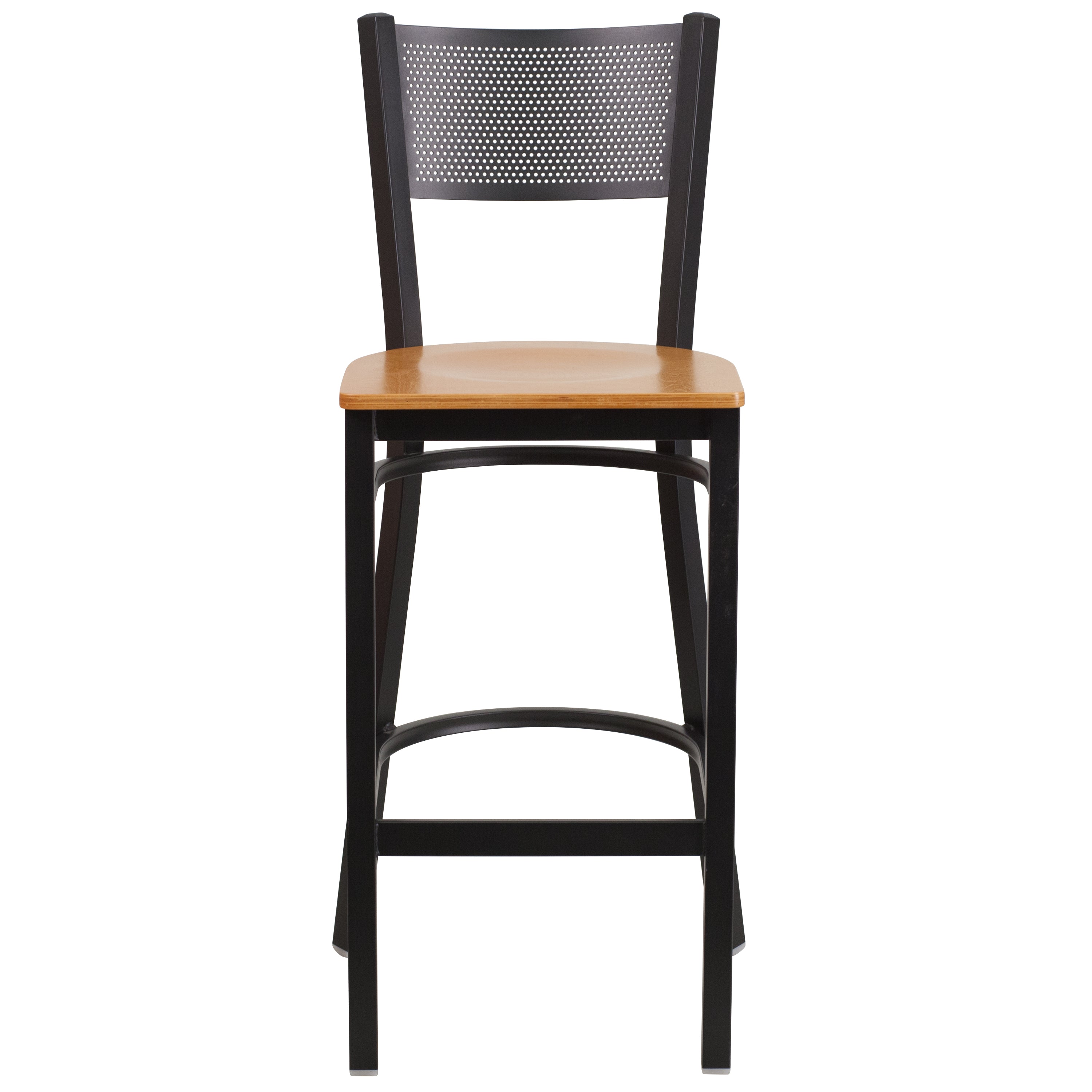 HERCULES Series Black Grid Back Metal Restaurant Barstool - Natural Wood Seat