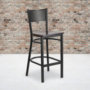 HERCULES Series Black Grid Back Metal Restaurant Barstool - Walnut Wood Seat
