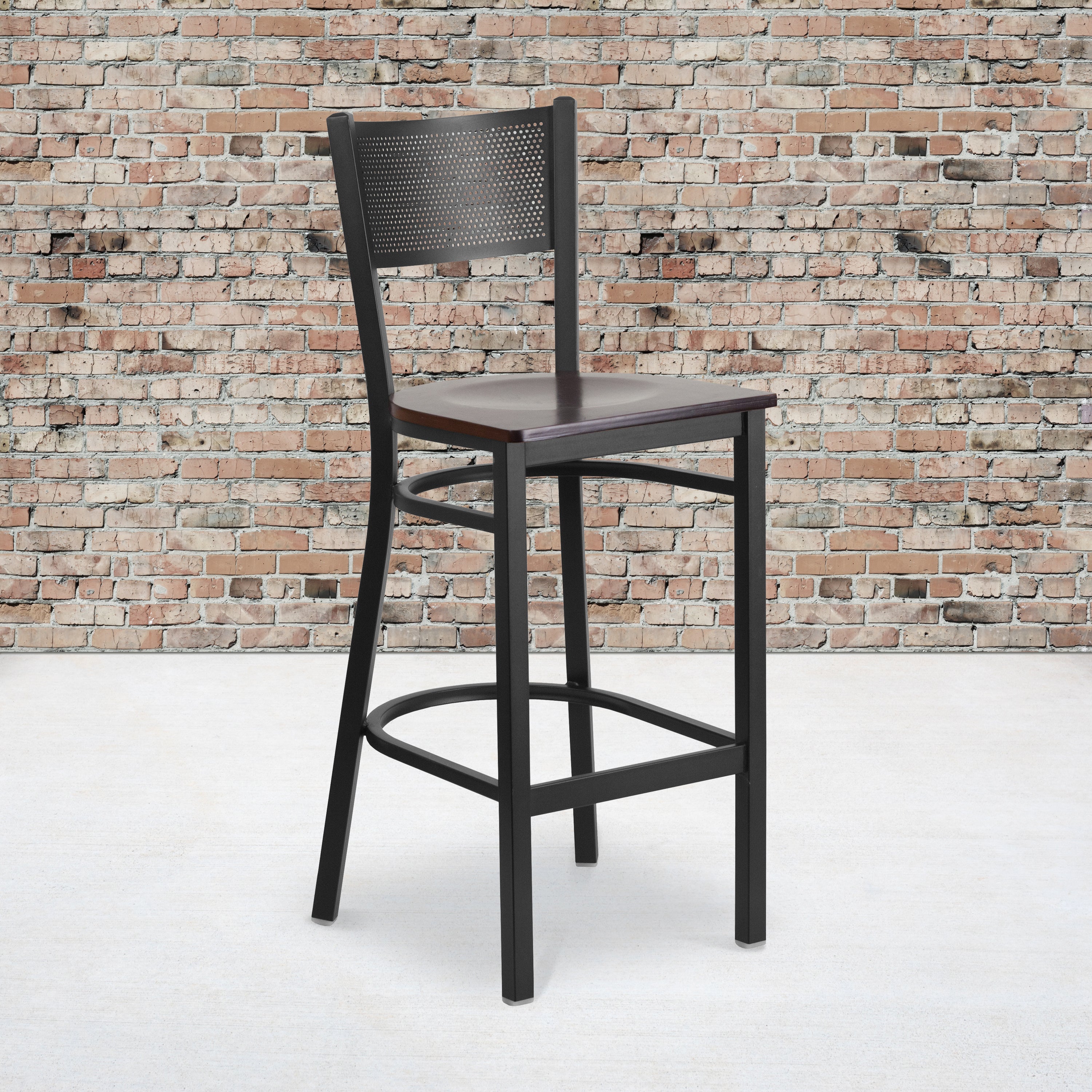 HERCULES Series Black Grid Back Metal Restaurant Barstool - Walnut Wood Seat