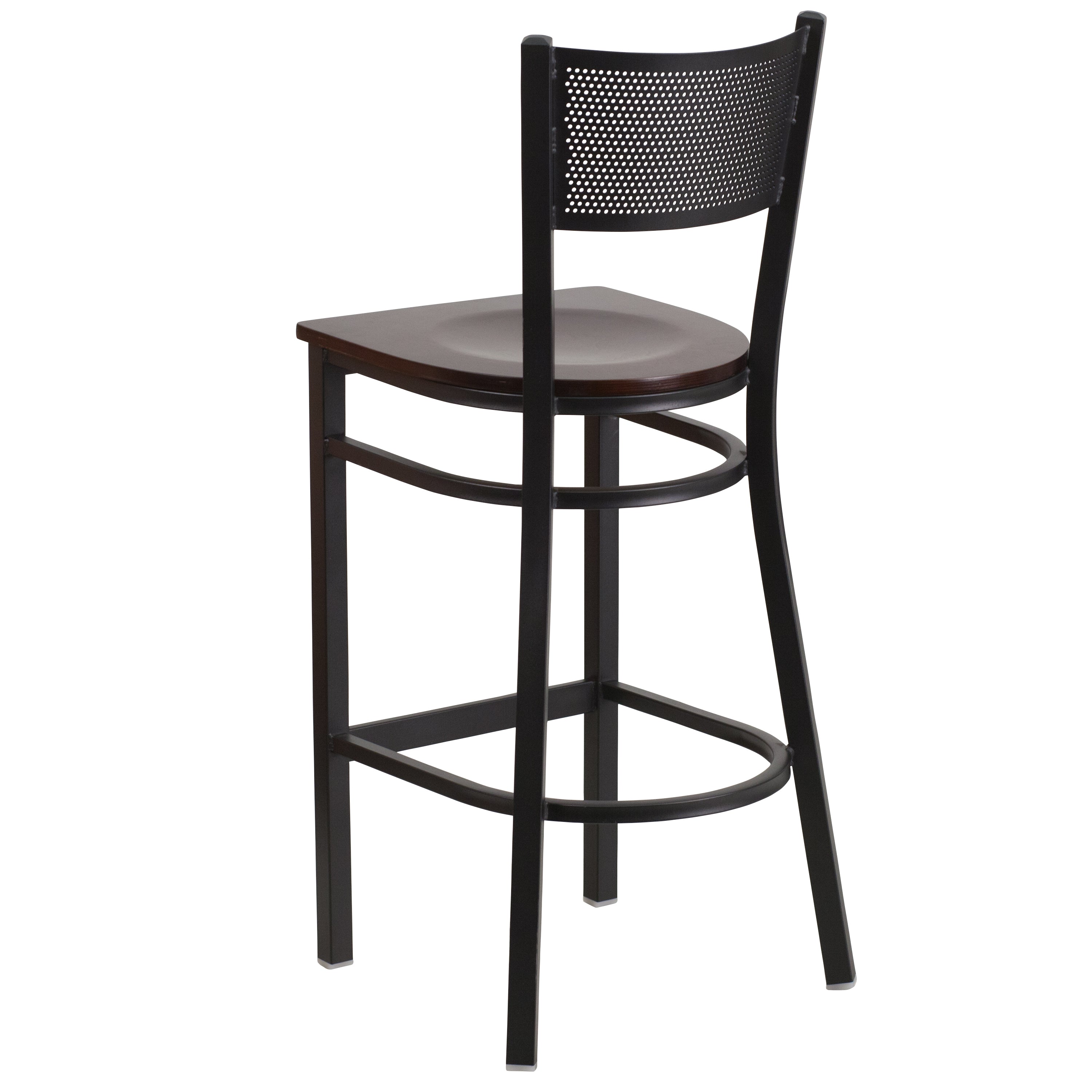 HERCULES Series Black Grid Back Metal Restaurant Barstool - Walnut Wood Seat