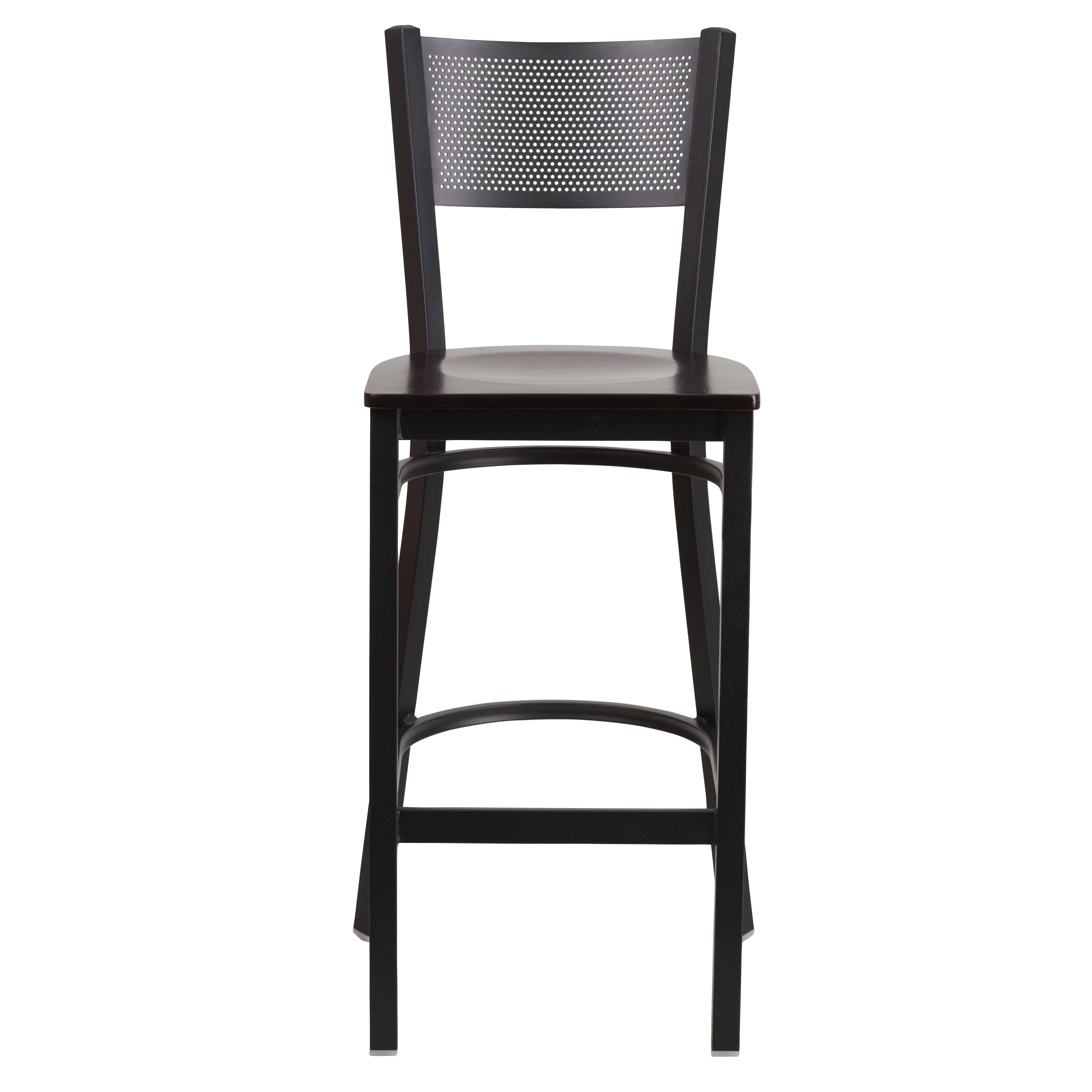 HERCULES Series Black Grid Back Metal Restaurant Barstool - Walnut Wood Seat