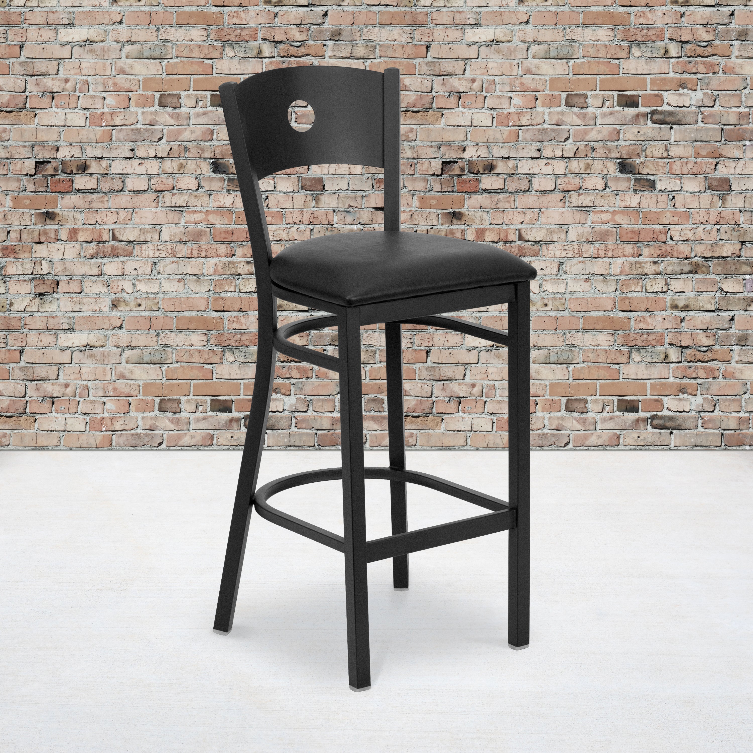 HERCULES Series Black Circle Back Metal Restaurant Barstool - Black Vinyl Seat