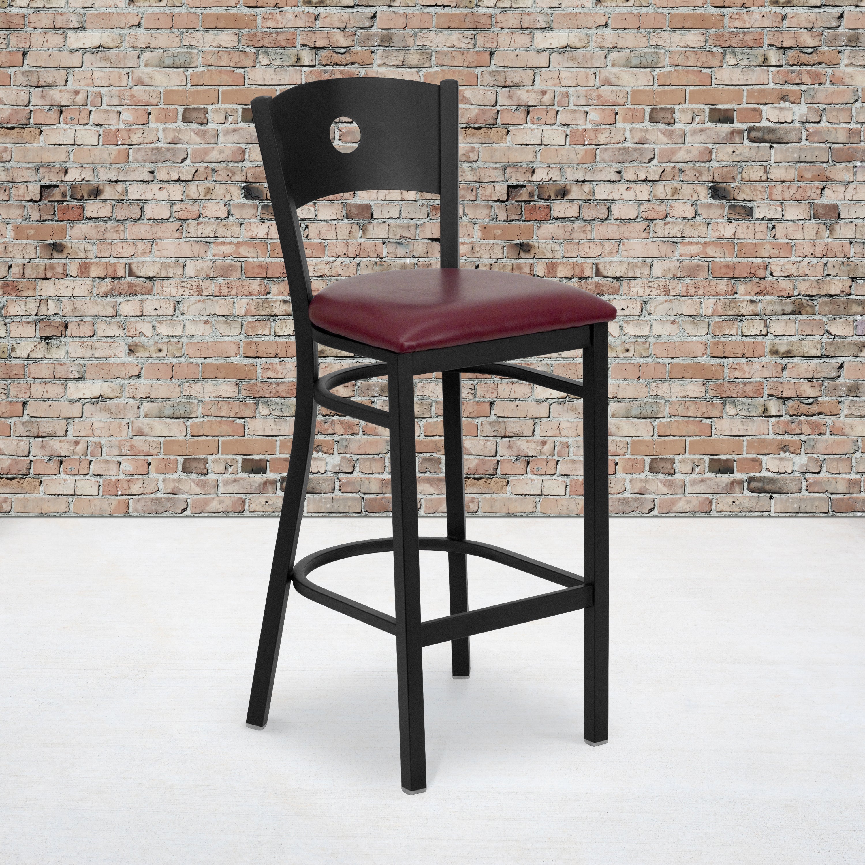 HERCULES Series Black Circle Back Metal Restaurant Barstool - Burgundy Vinyl Seat