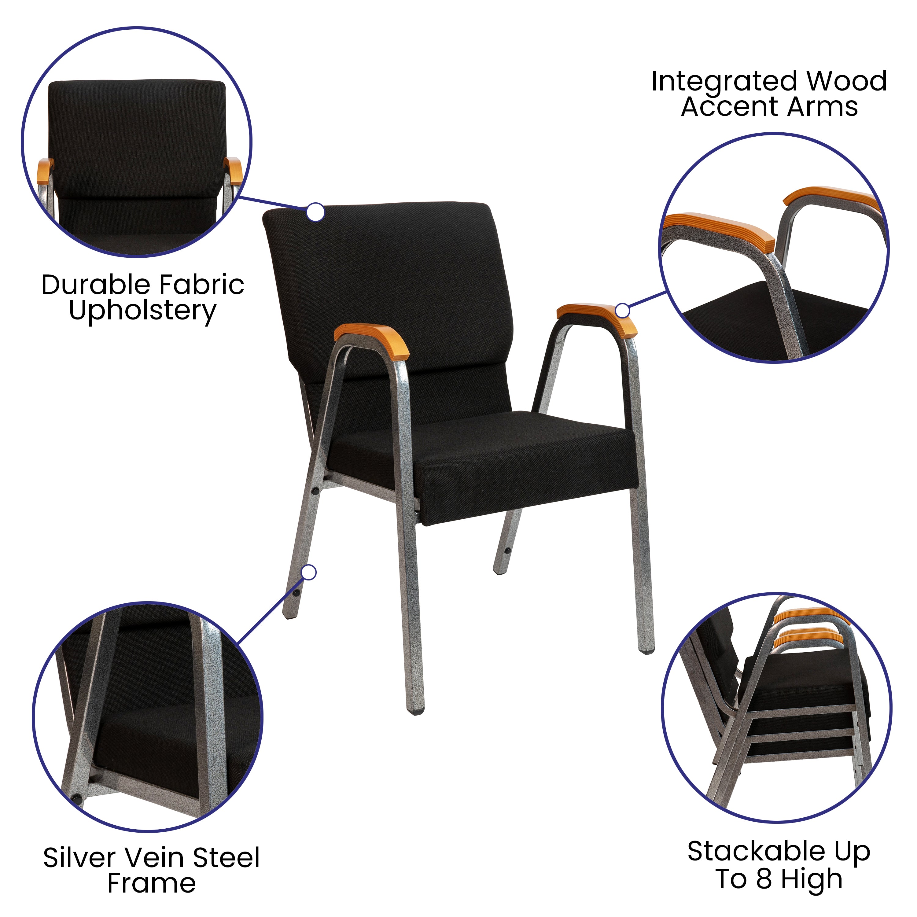HERCULES Series 21"W Stacking Wood Accent Arm Church Chair in Black Fabric - Silver Vein Frame