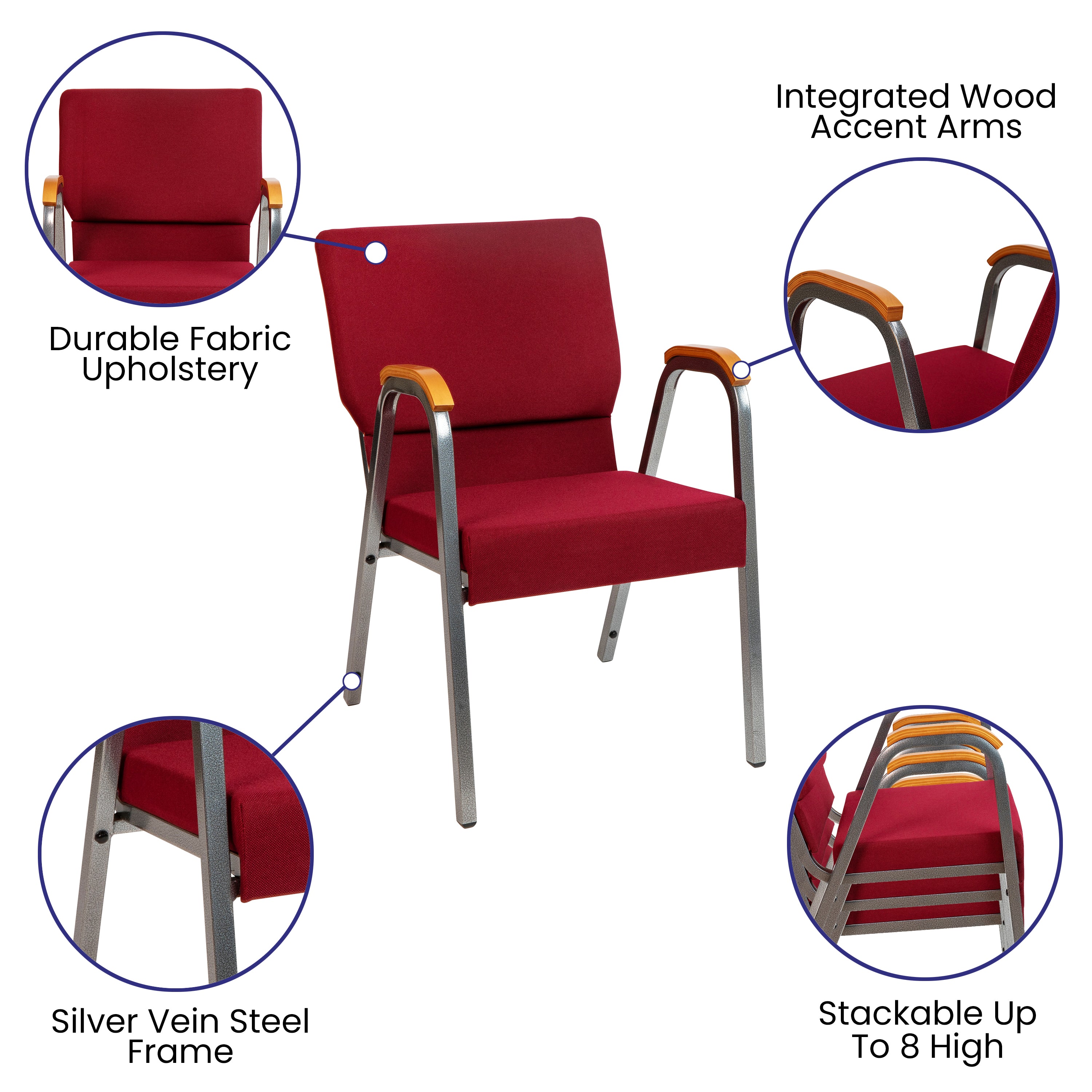 HERCULES Series 21"W Stacking Wood Accent Arm Church Chair in Burgundy Fabric - Silver Vein Frame
