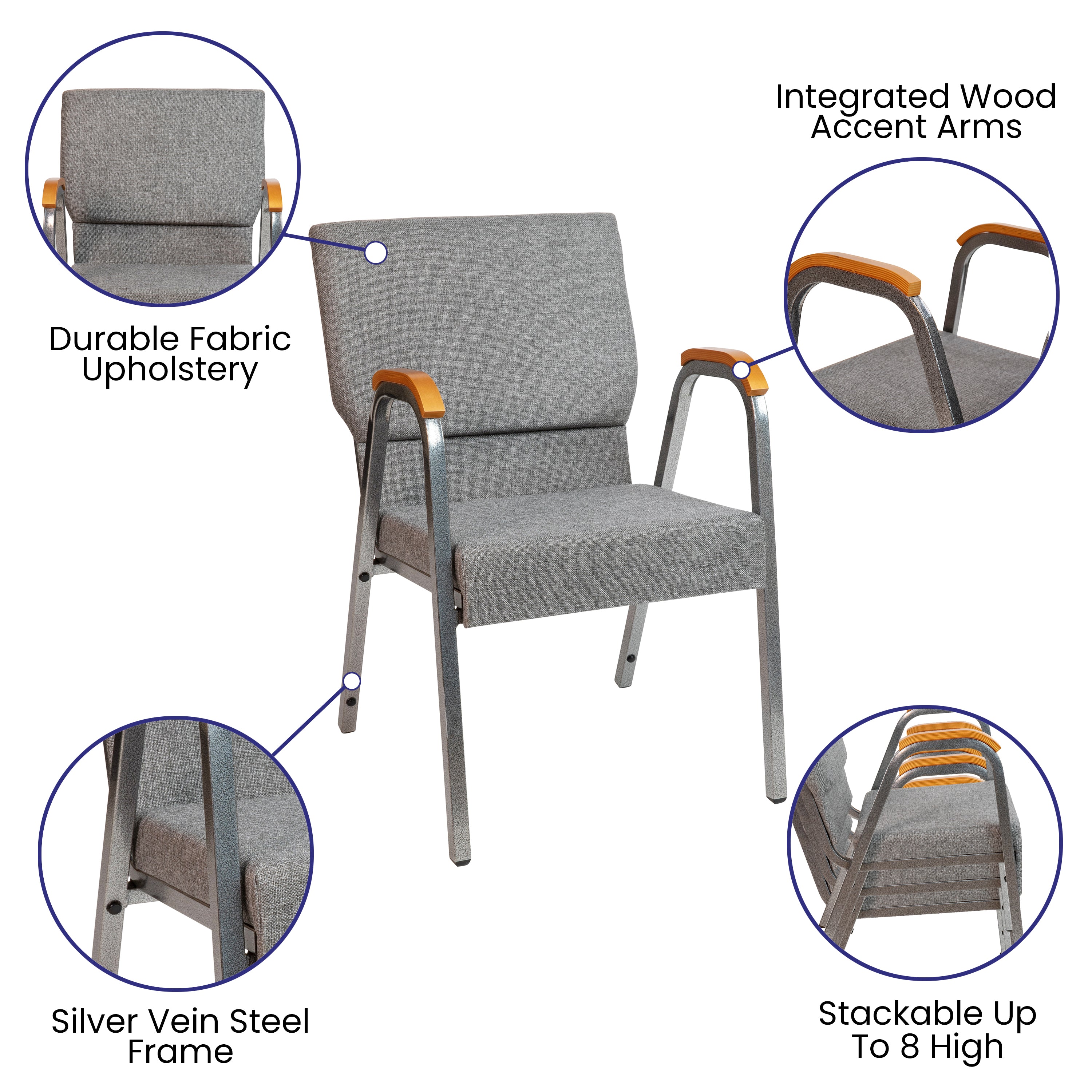 HERCULES Series 21"W Stacking Wood Accent Arm Church Chair in Gray Fabric - Silver Vein Frame