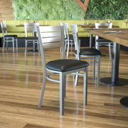 HERCULES Series Silver Slat Back Metal Restaurant Chair - Black Vinyl Seat