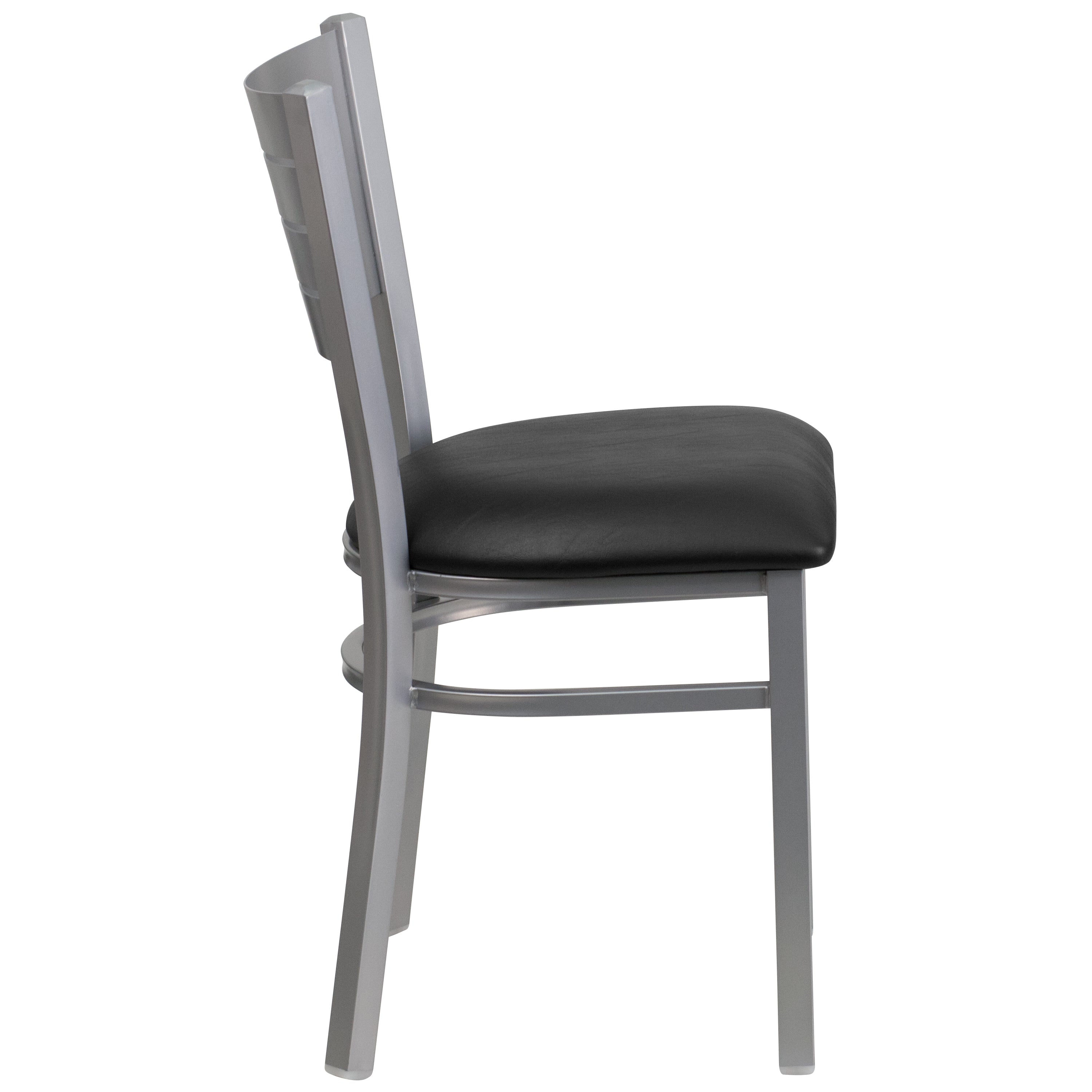 HERCULES Series Silver Slat Back Metal Restaurant Chair - Black Vinyl Seat