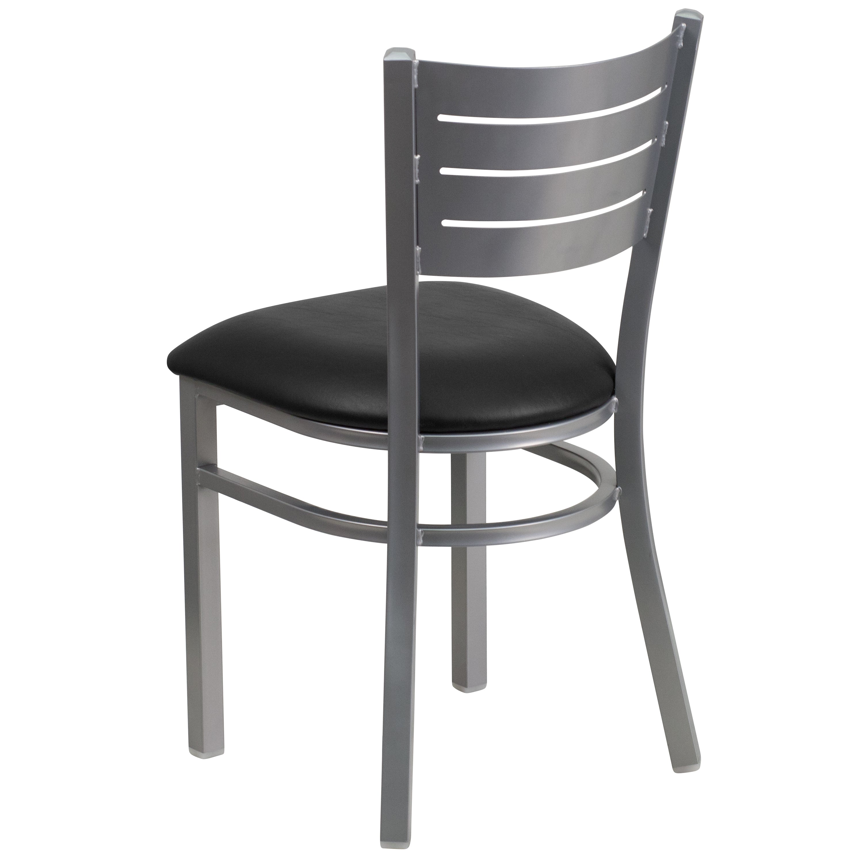 HERCULES Series Silver Slat Back Metal Restaurant Chair - Black Vinyl Seat