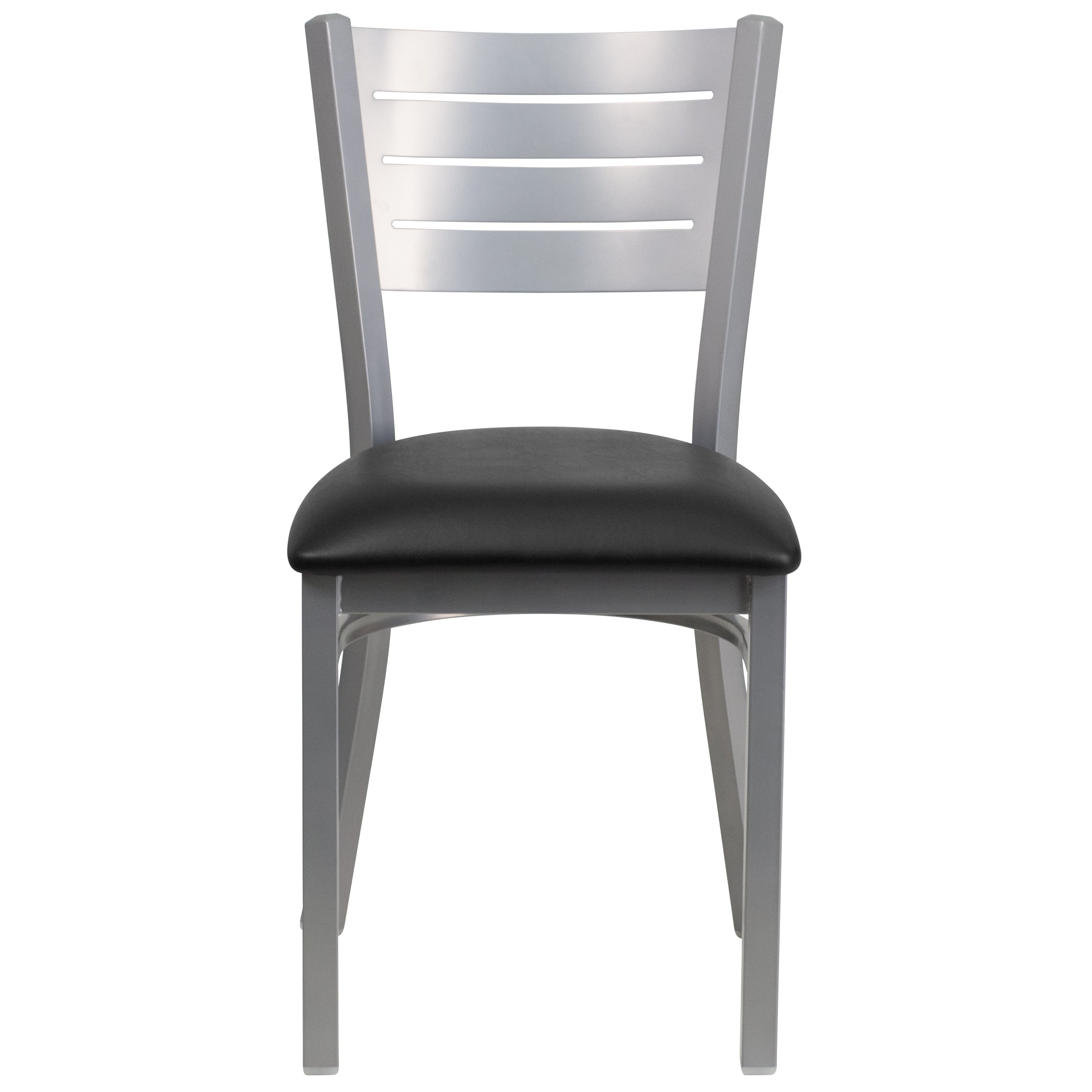 HERCULES Series Silver Slat Back Metal Restaurant Chair - Black Vinyl Seat