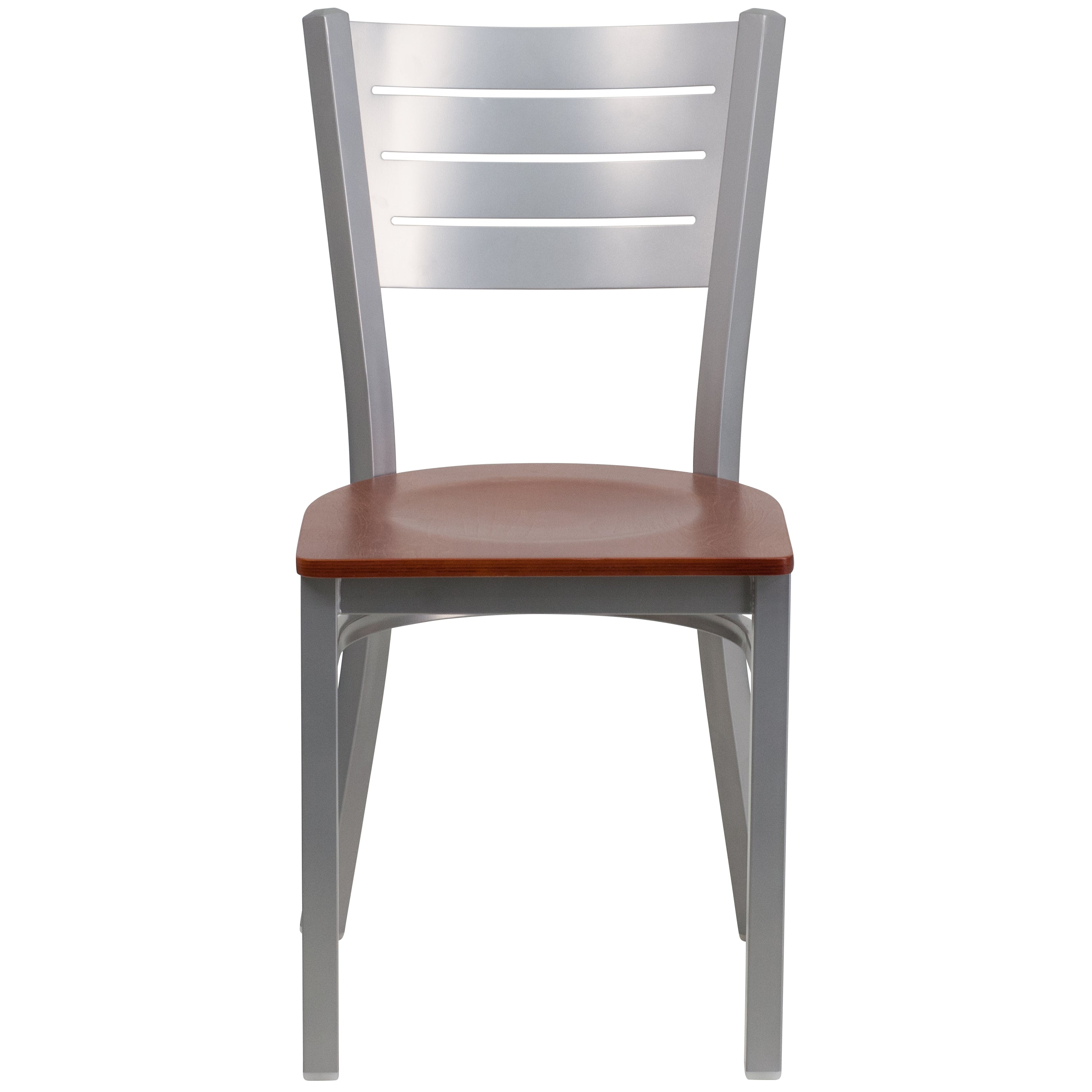 HERCULES Series Silver Slat Back Metal Restaurant Chair - Cherry Wood Seat