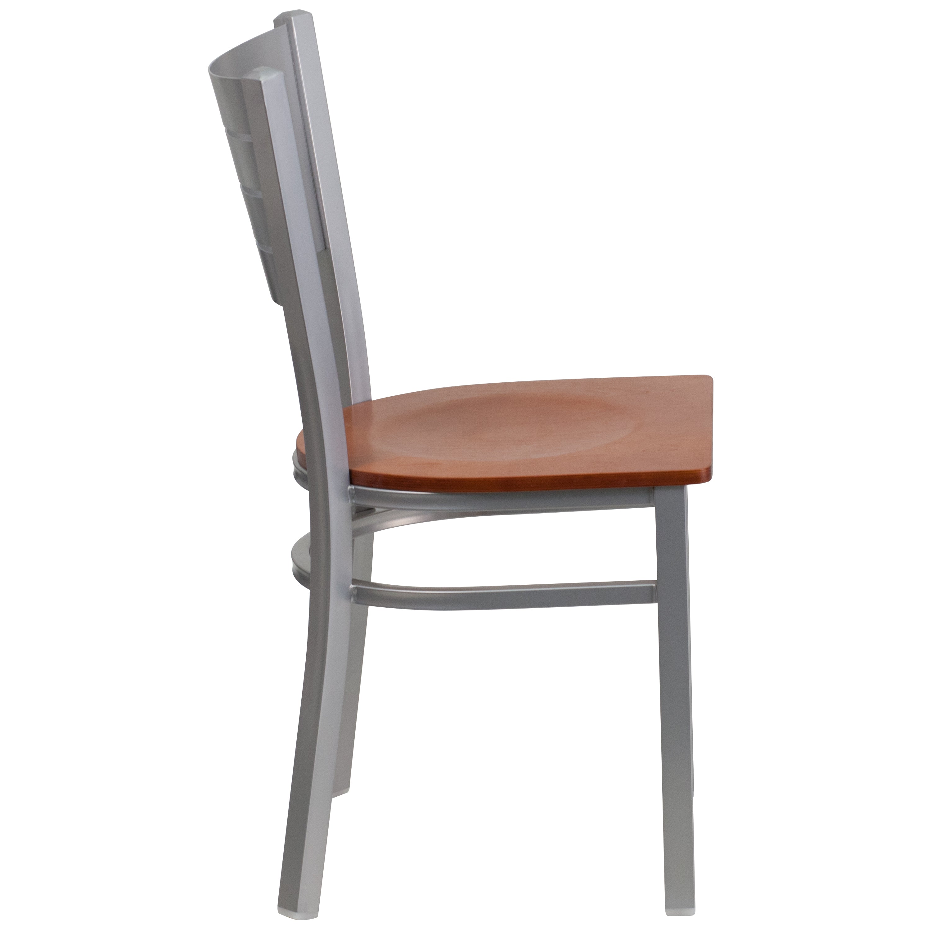 HERCULES Series Silver Slat Back Metal Restaurant Chair - Cherry Wood Seat