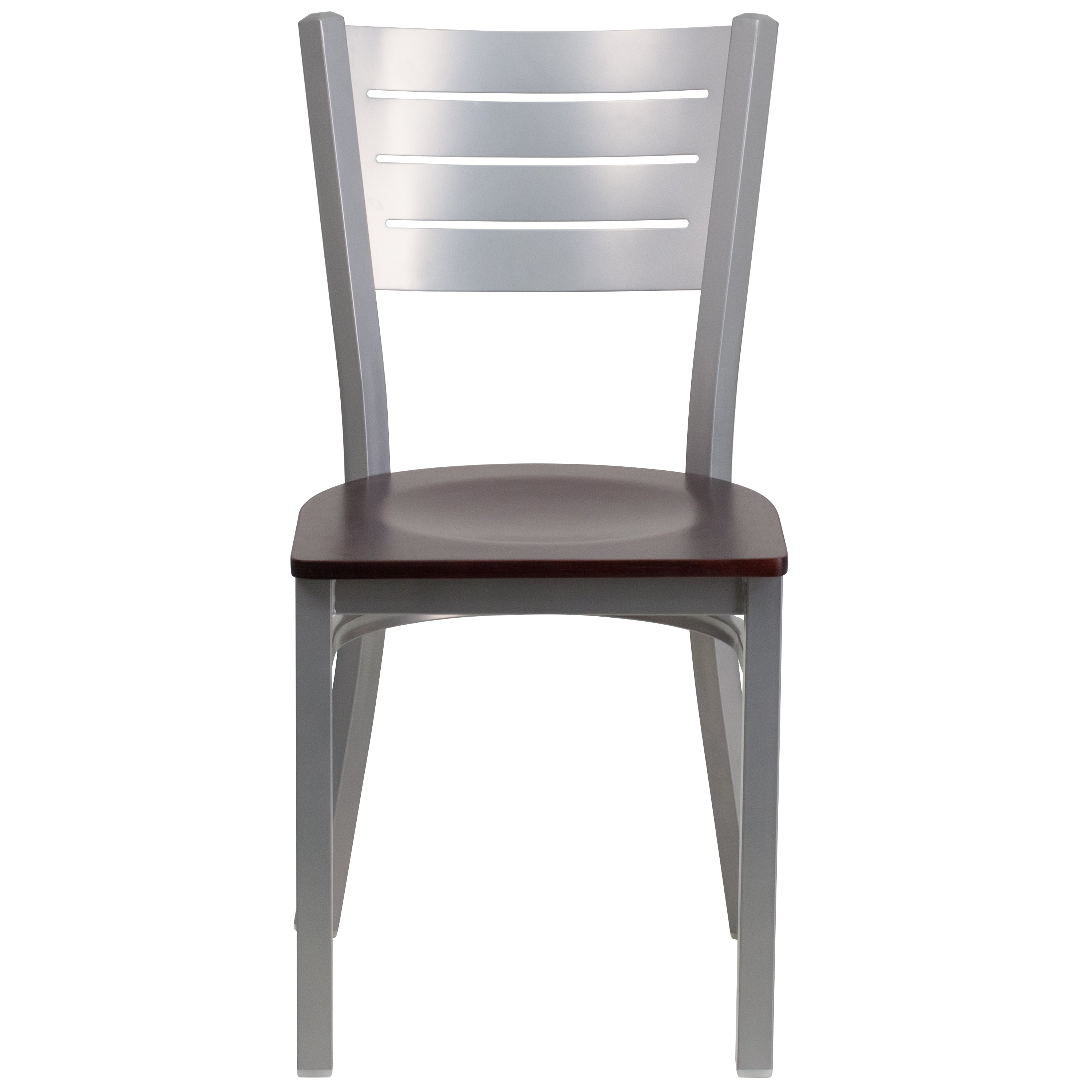 HERCULES Series Silver Slat Back Metal Restaurant Chair - Mahogany Wood Seat