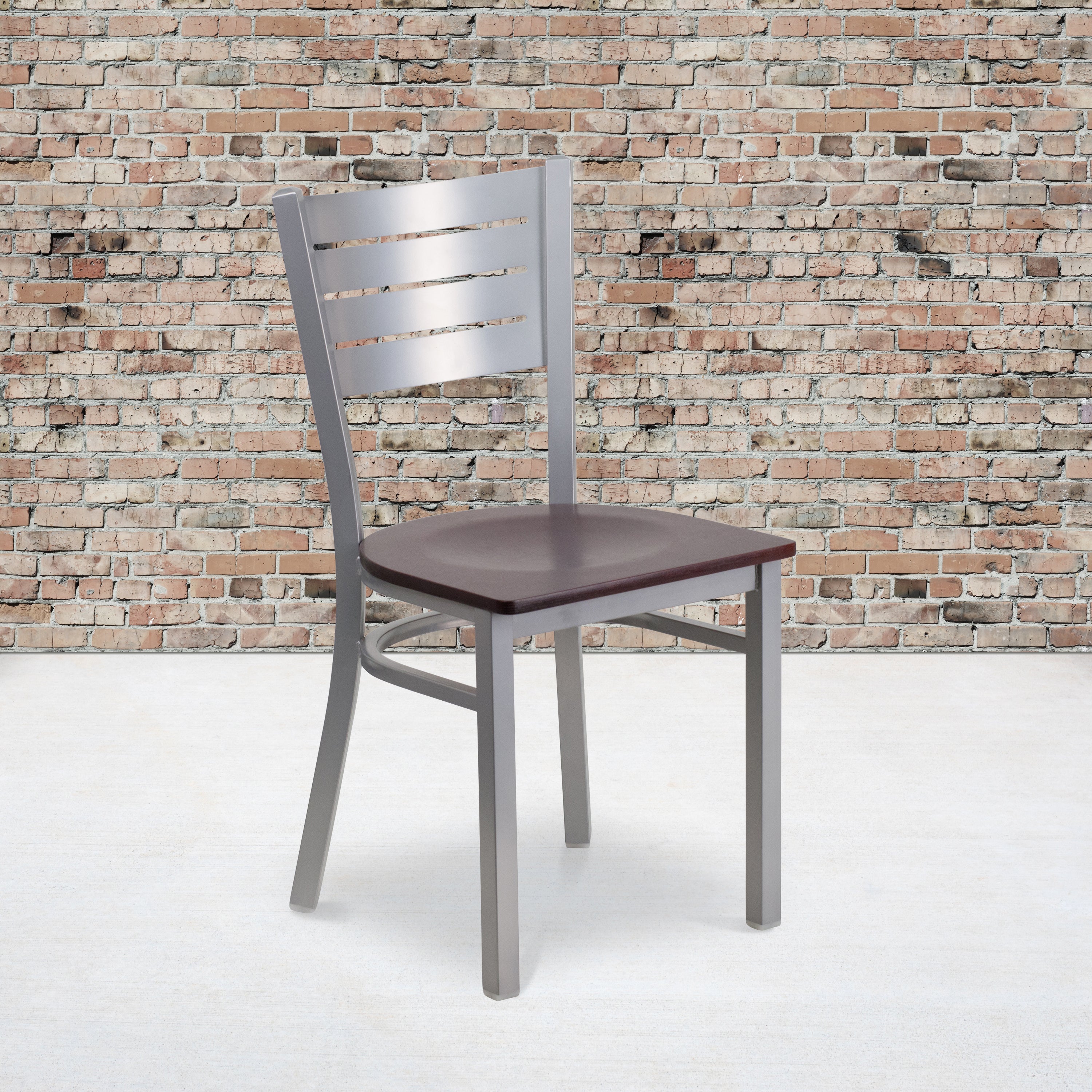 HERCULES Series Silver Slat Back Metal Restaurant Chair - Mahogany Wood Seat