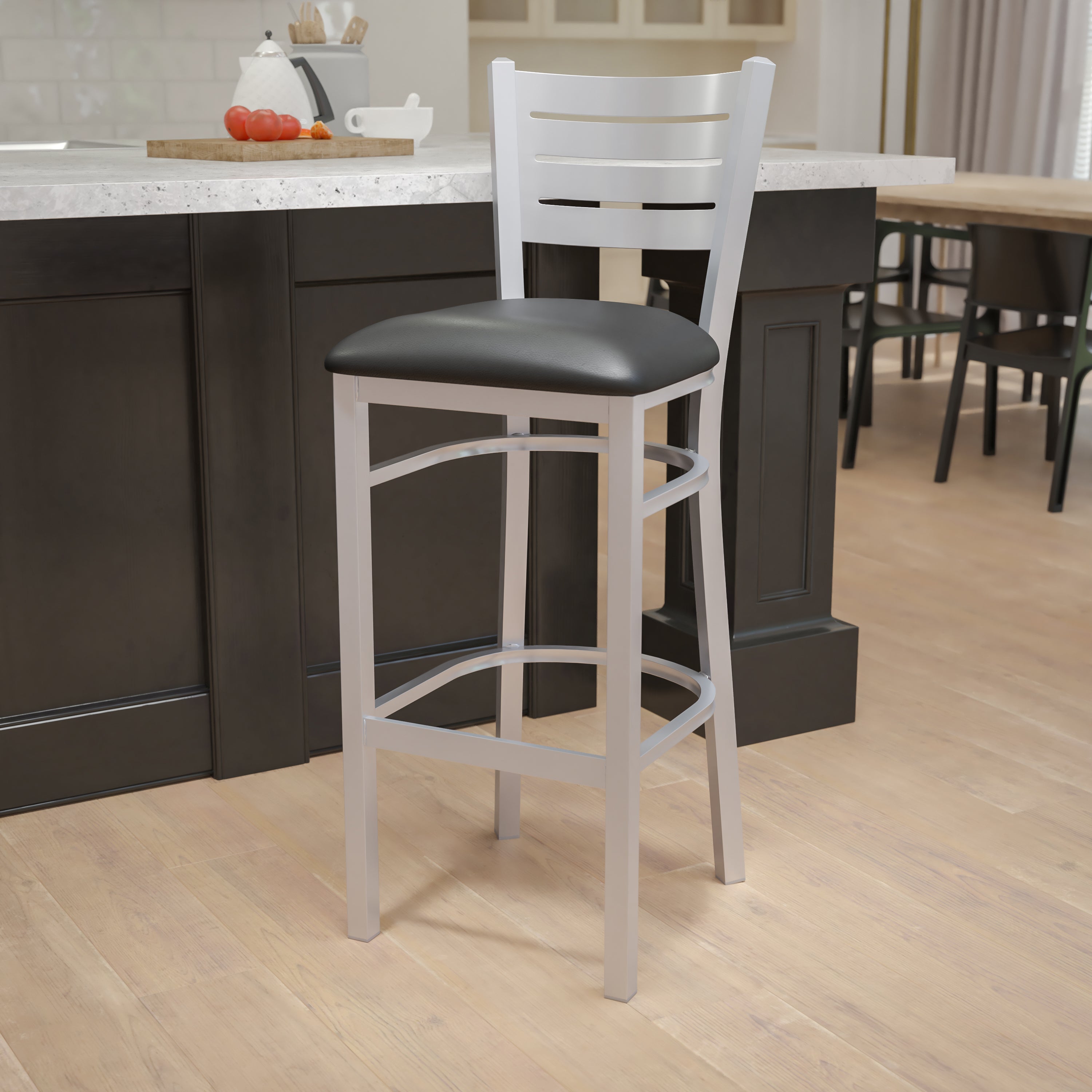 HERCULES Series Silver Slat Back Metal Restaurant Barstool - Black Vinyl Seat