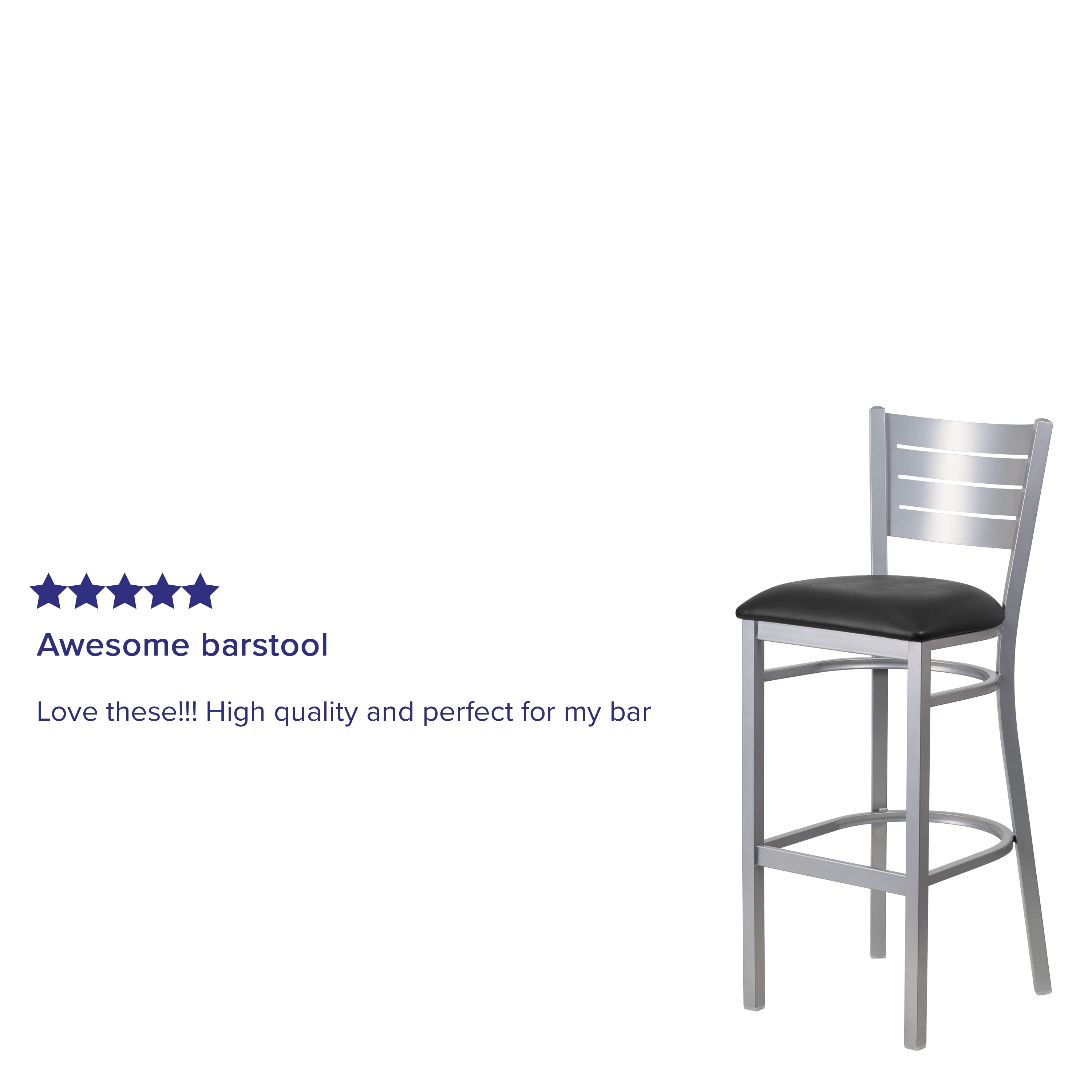 HERCULES Series Silver Slat Back Metal Restaurant Barstool - Black Vinyl Seat