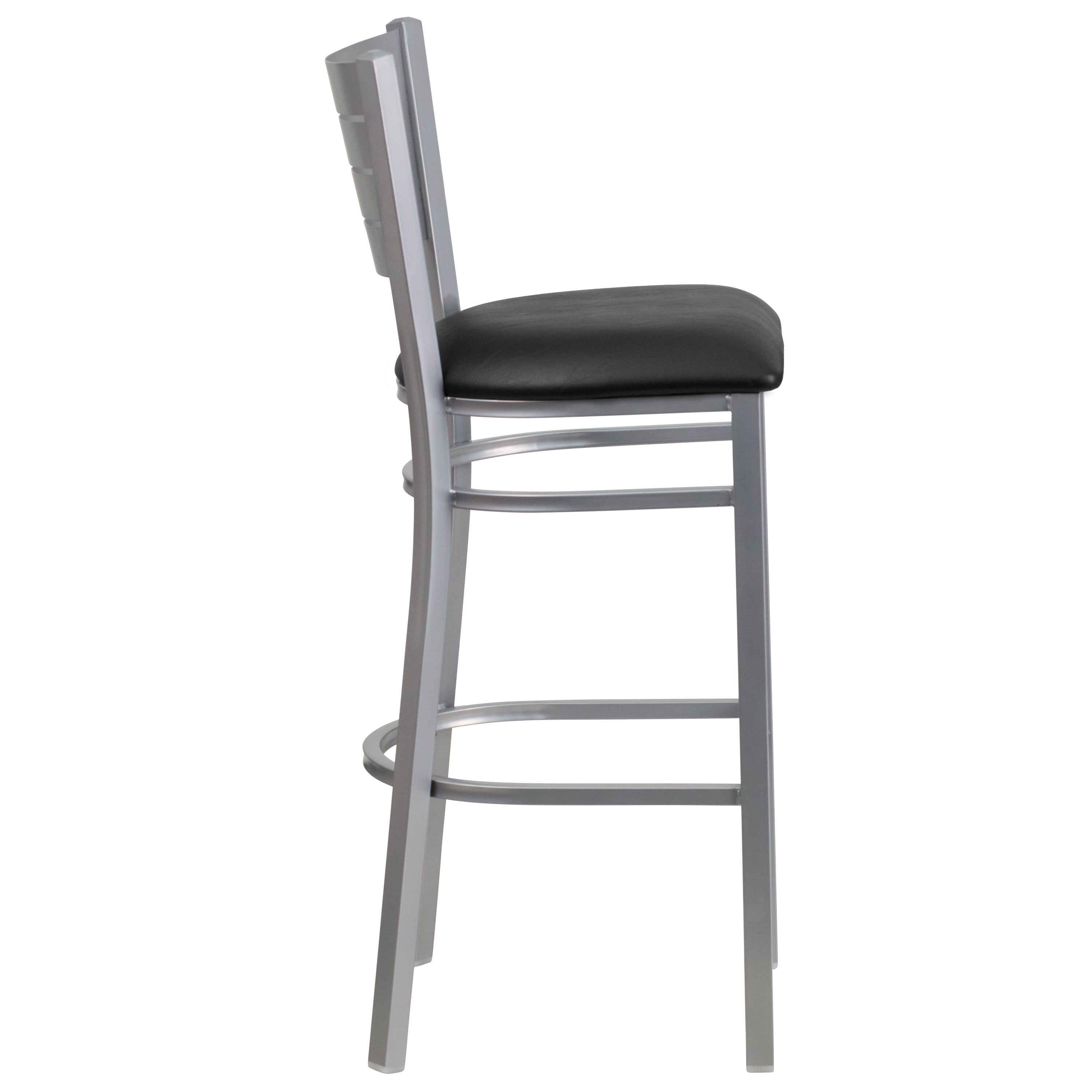 HERCULES Series Silver Slat Back Metal Restaurant Barstool - Black Vinyl Seat