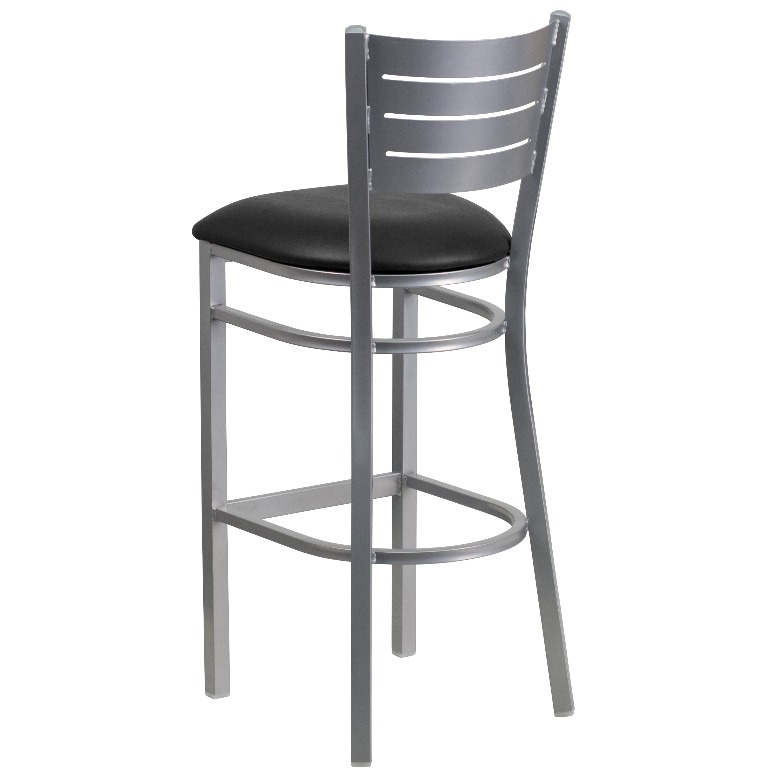 HERCULES Series Silver Slat Back Metal Restaurant Barstool - Black Vinyl Seat