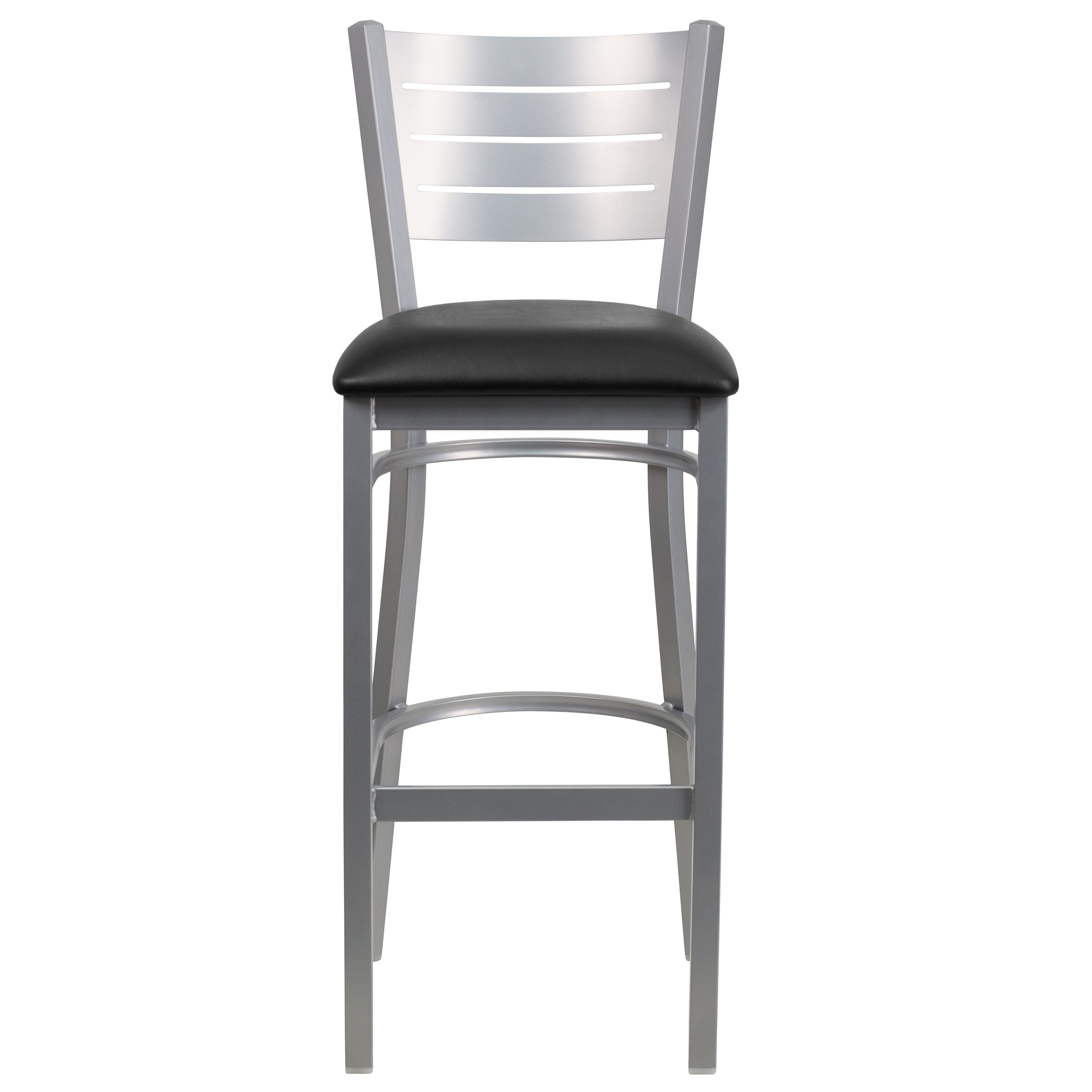HERCULES Series Silver Slat Back Metal Restaurant Barstool - Black Vinyl Seat