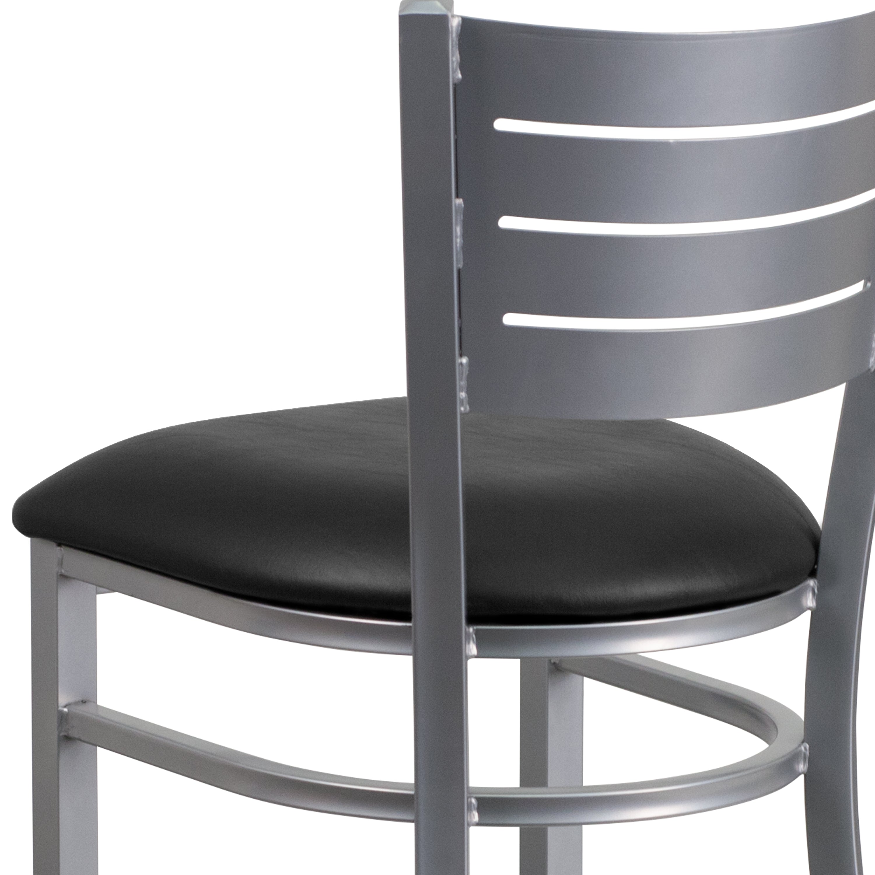 HERCULES Series Silver Slat Back Metal Restaurant Barstool - Black Vinyl Seat