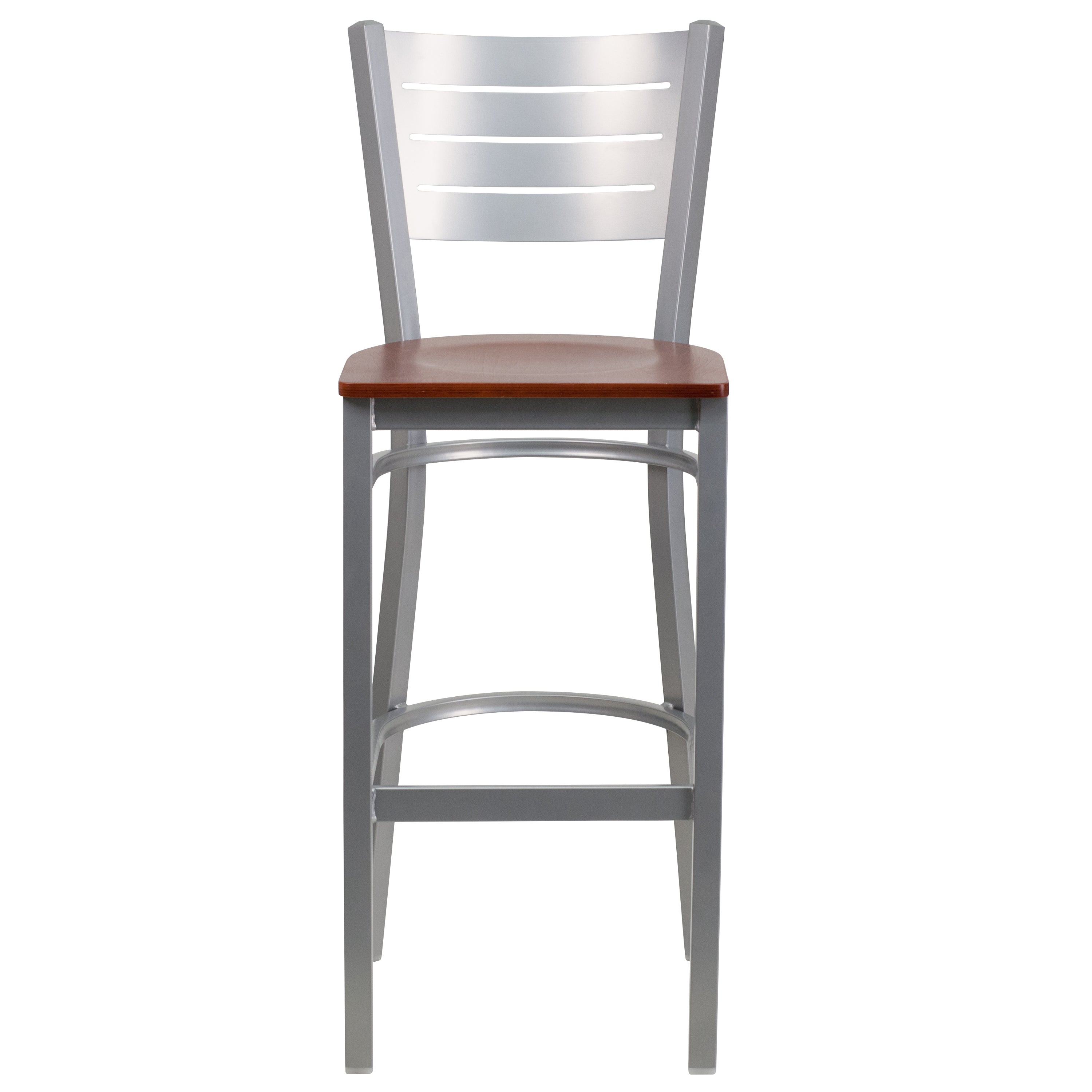 HERCULES Series Silver Slat Back Metal Restaurant Barstool - Cherry Wood Seat
