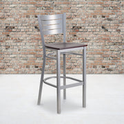 HERCULES Series Silver Slat Back Metal Restaurant Barstool - Mahogany Wood Seat