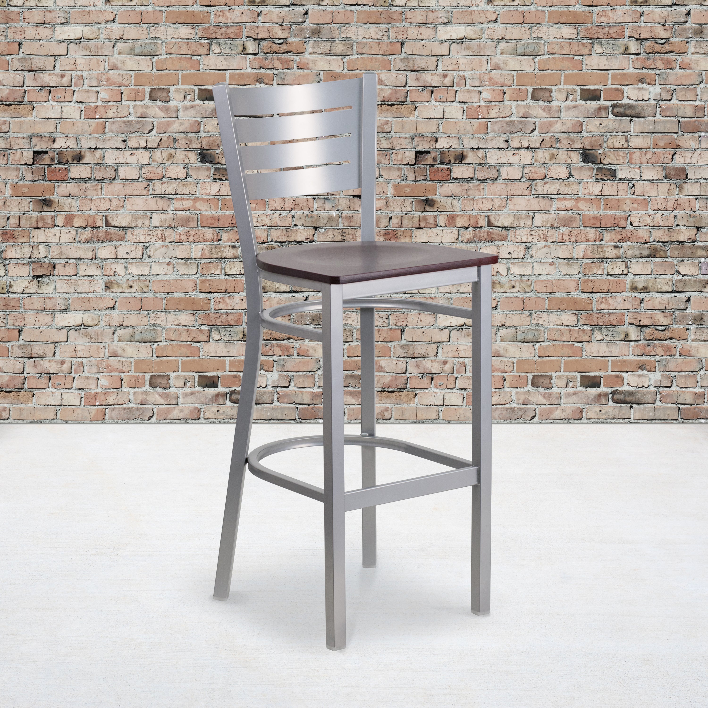 HERCULES Series Silver Slat Back Metal Restaurant Barstool - Mahogany Wood Seat