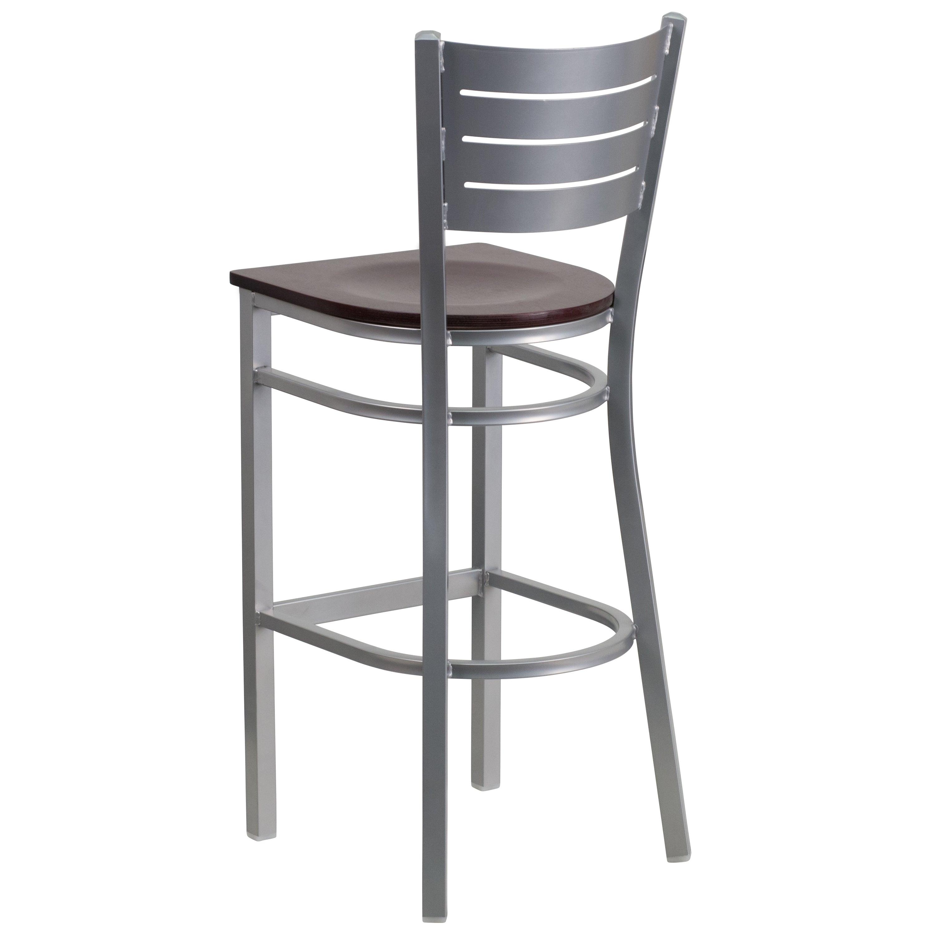 HERCULES Series Silver Slat Back Metal Restaurant Barstool - Mahogany Wood Seat