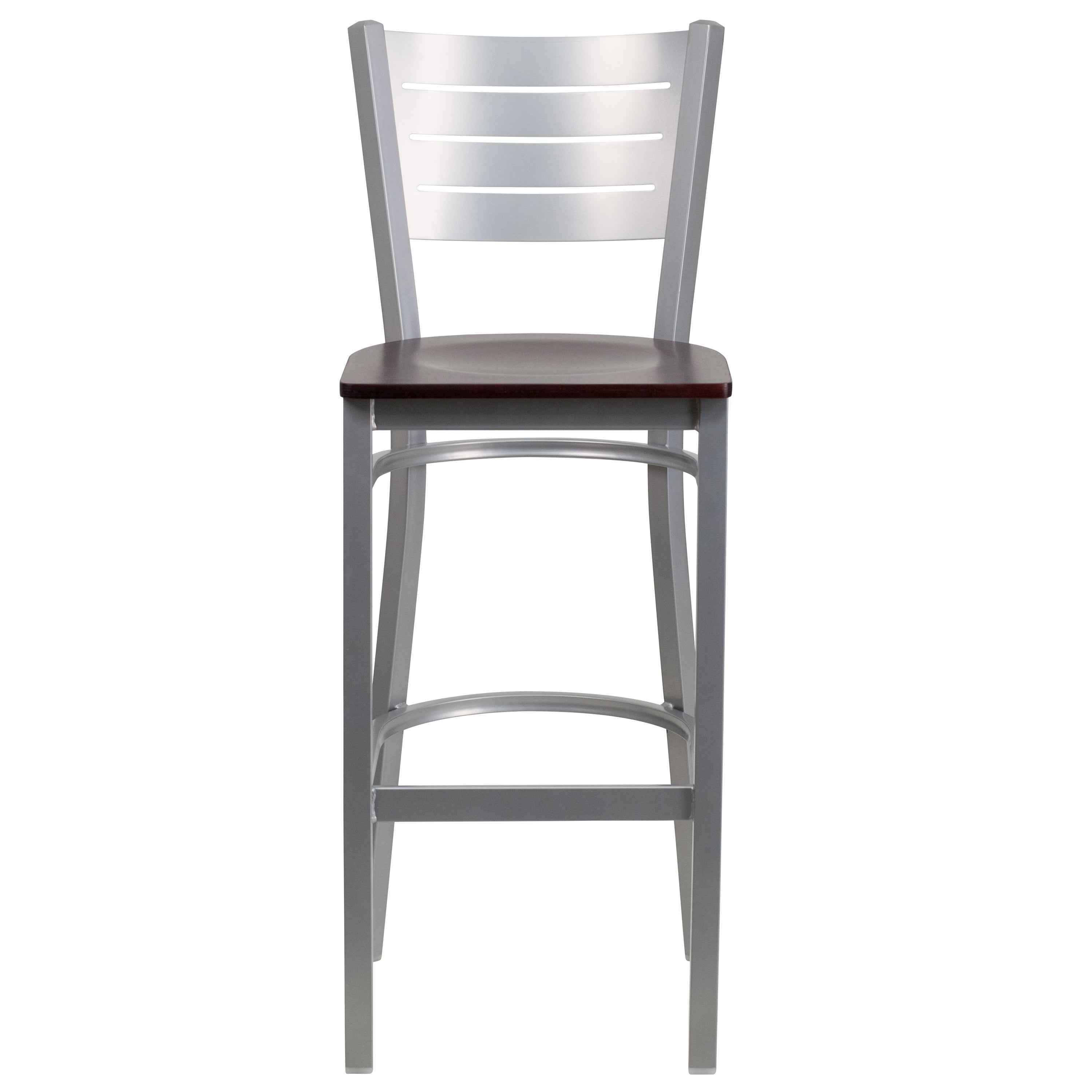 HERCULES Series Silver Slat Back Metal Restaurant Barstool - Mahogany Wood Seat