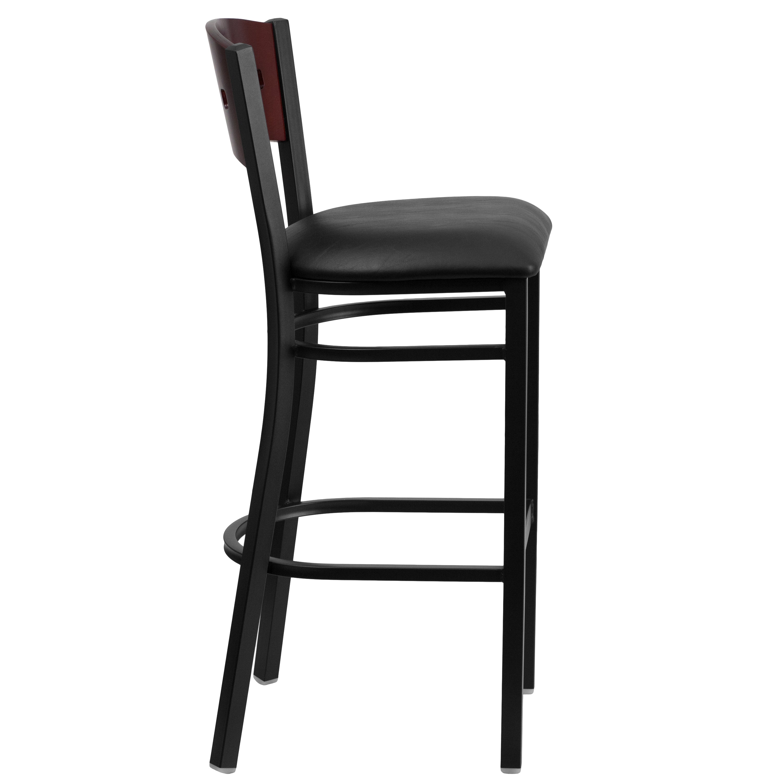 HERCULES Series Black 4 Square Back Metal Restaurant Barstool - Mahogany Wood Back, Black Vinyl Seat