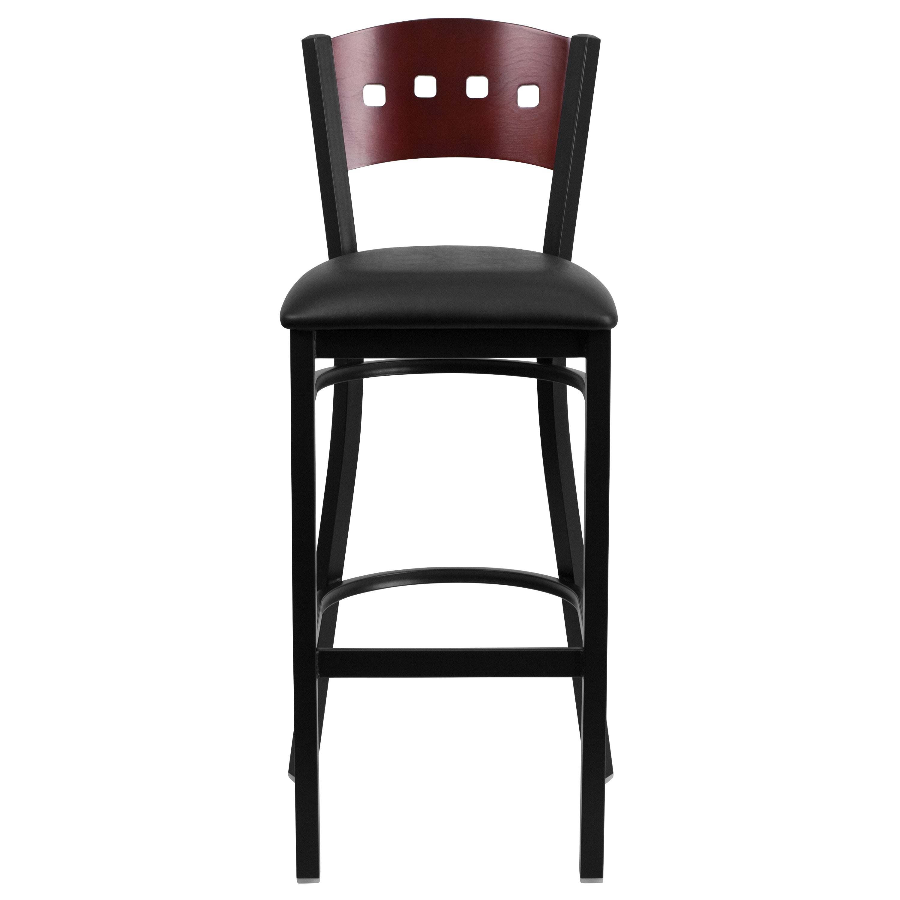 HERCULES Series Black 4 Square Back Metal Restaurant Barstool - Mahogany Wood Back, Black Vinyl Seat