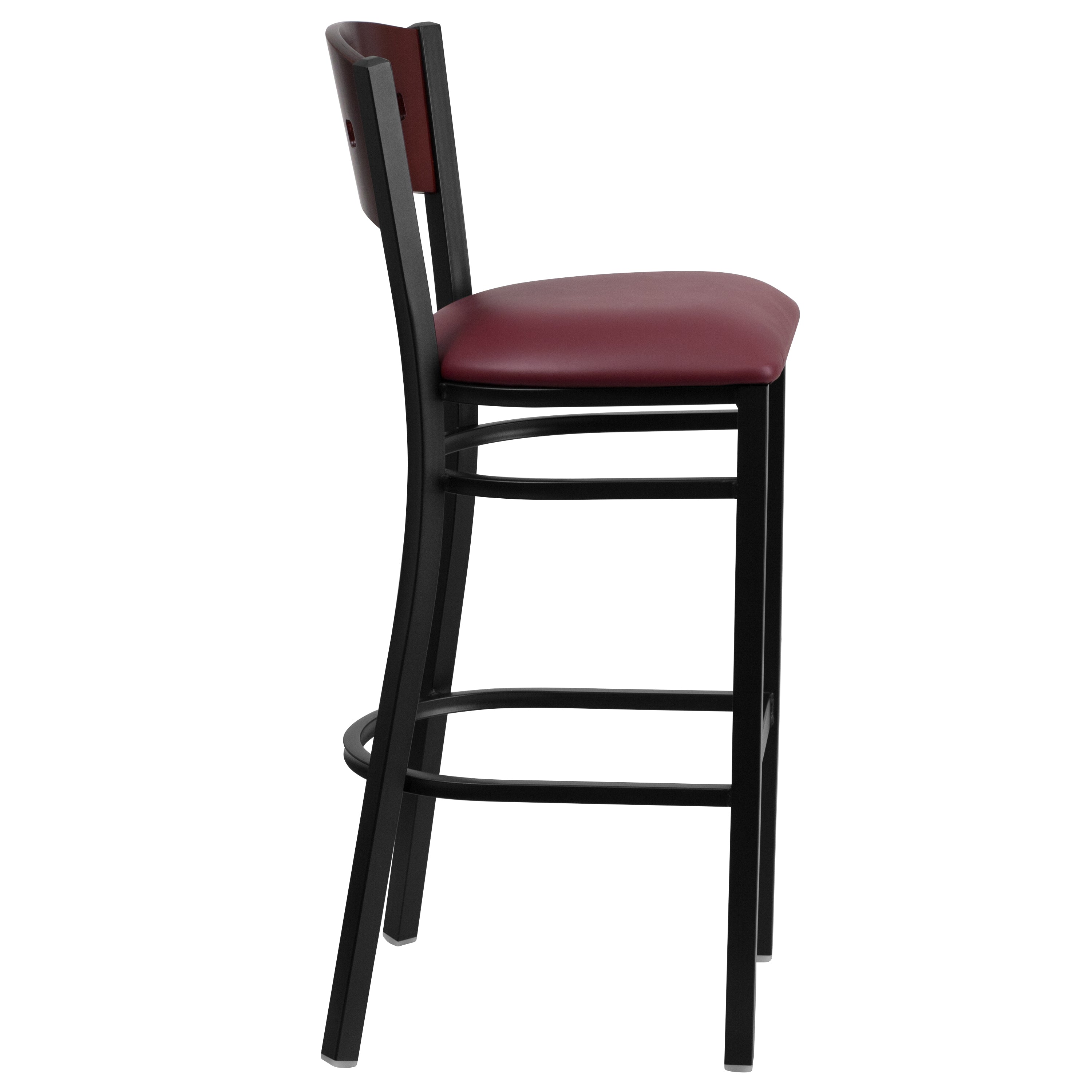 HERCULES Series Black 4 Square Back Metal Restaurant Barstool - Mahogany Wood Back, Burgundy Vinyl Seat
