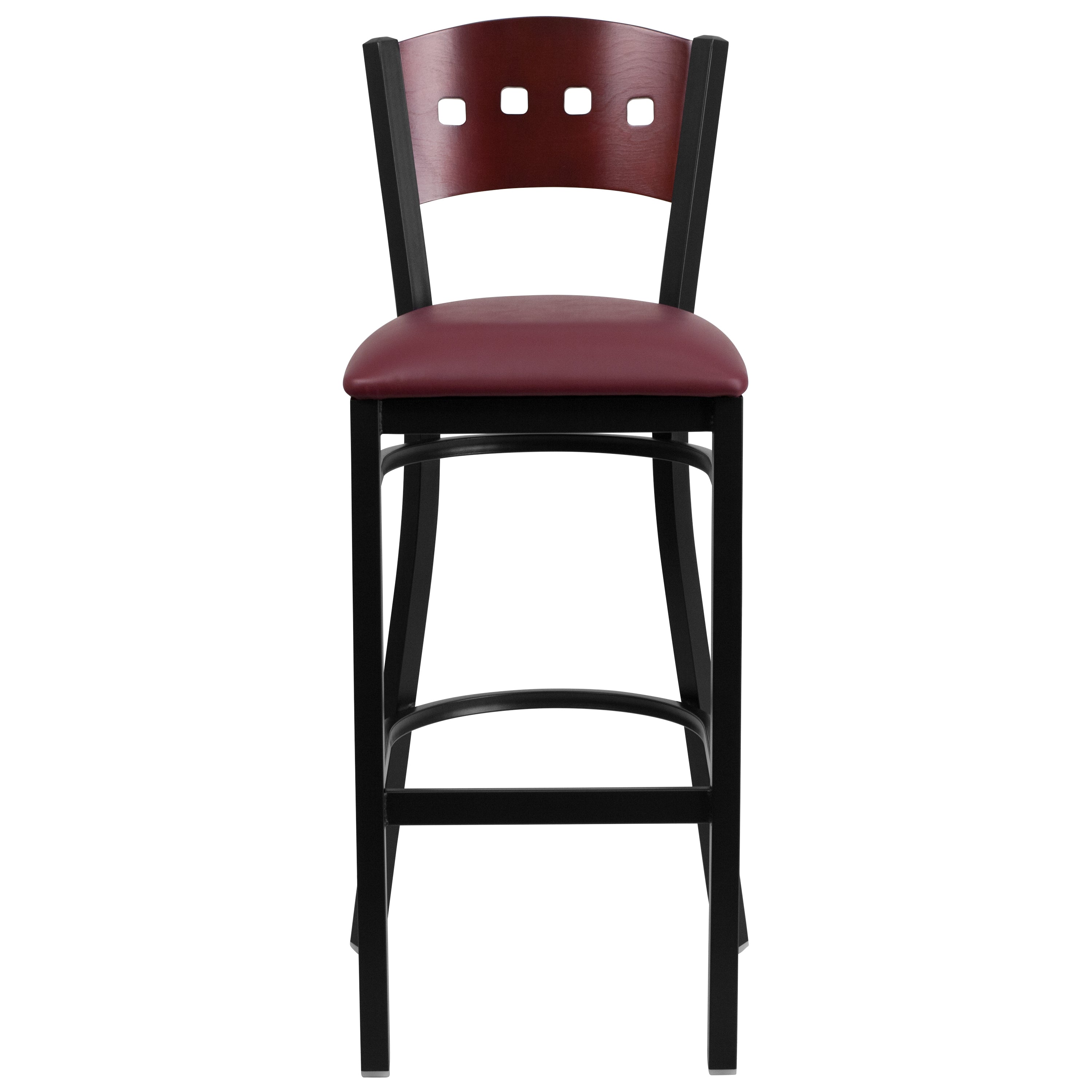 HERCULES Series Black 4 Square Back Metal Restaurant Barstool - Mahogany Wood Back, Burgundy Vinyl Seat