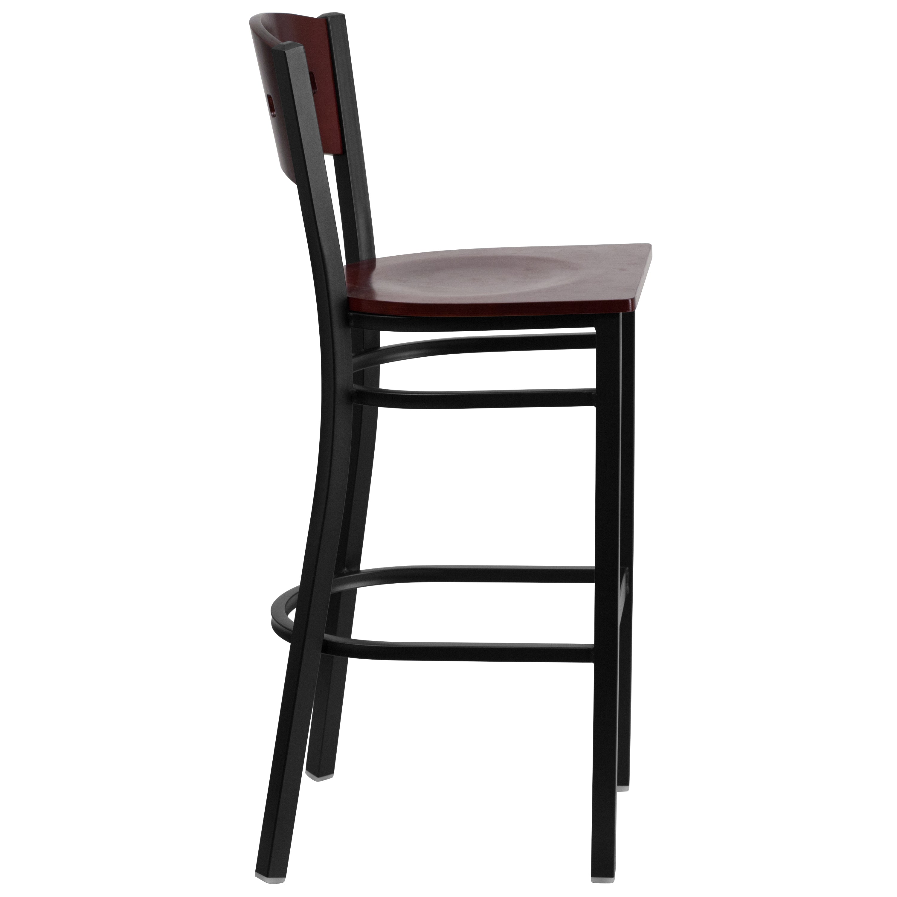 HERCULES Series Black 4 Square Back Metal Restaurant Barstool - Mahogany Wood Back & Seat