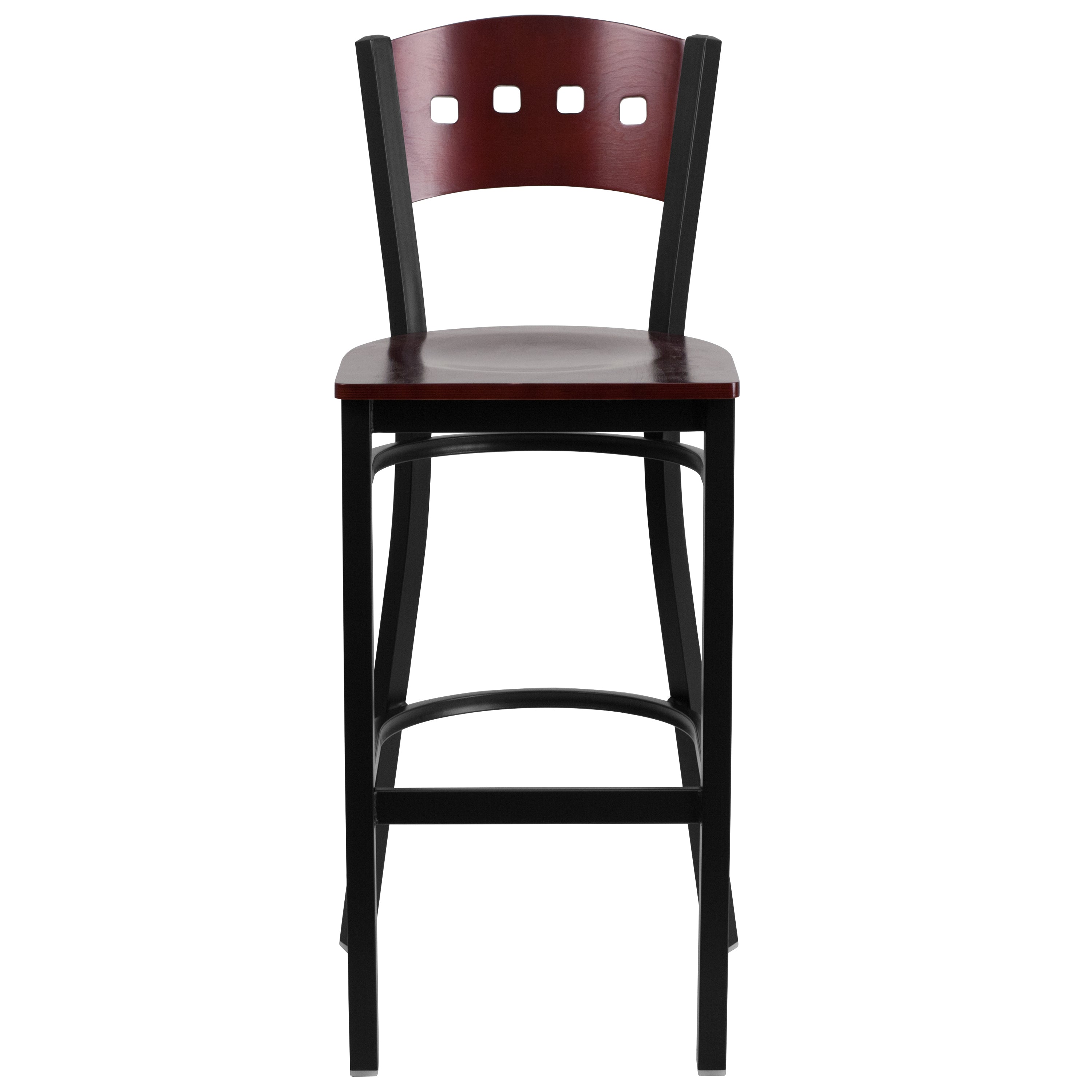 HERCULES Series Black 4 Square Back Metal Restaurant Barstool - Mahogany Wood Back & Seat