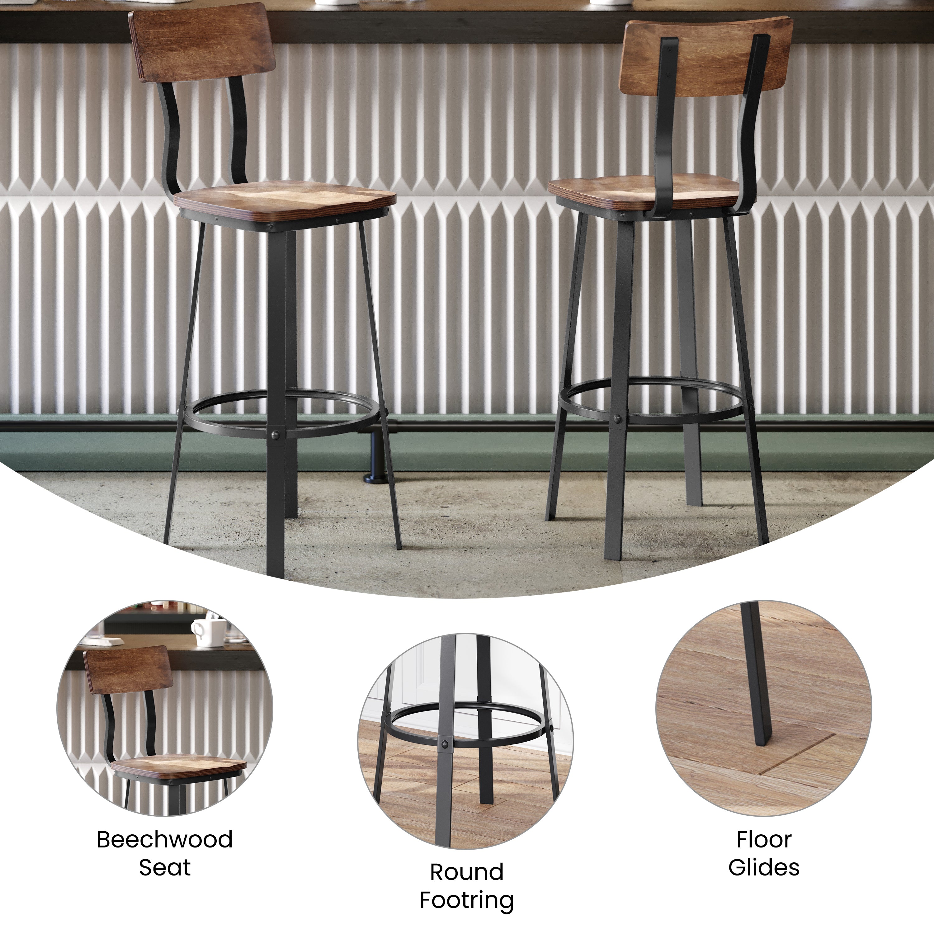 Flint Series Commercial Grade Antique Copper Restaurant Barstool with Wood Seat & Back and Gray Powder Coat Frame