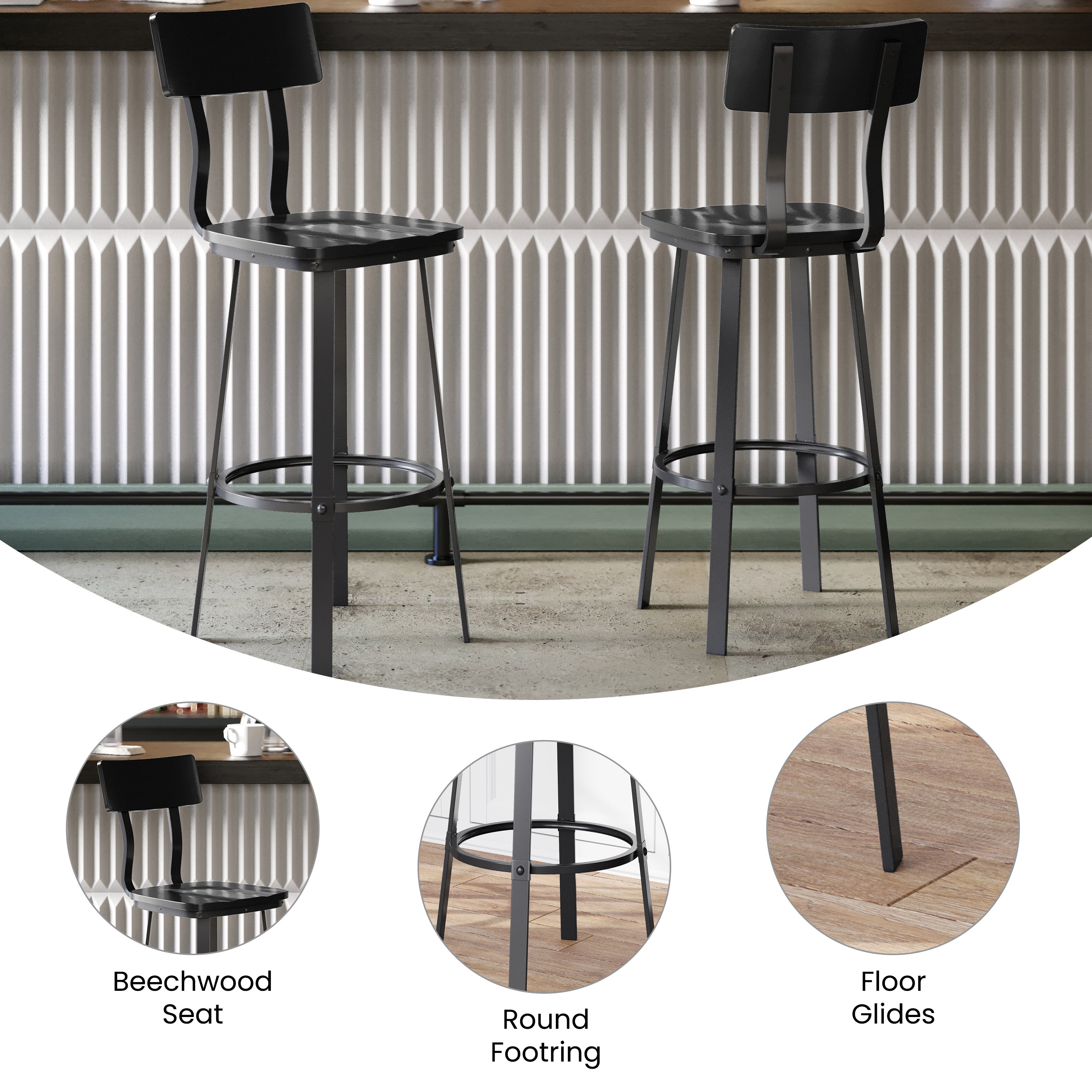 Flint Series Commercial Grade Black Restaurant Barstool with Wood Seat & Back and Black Powder Coat Frame